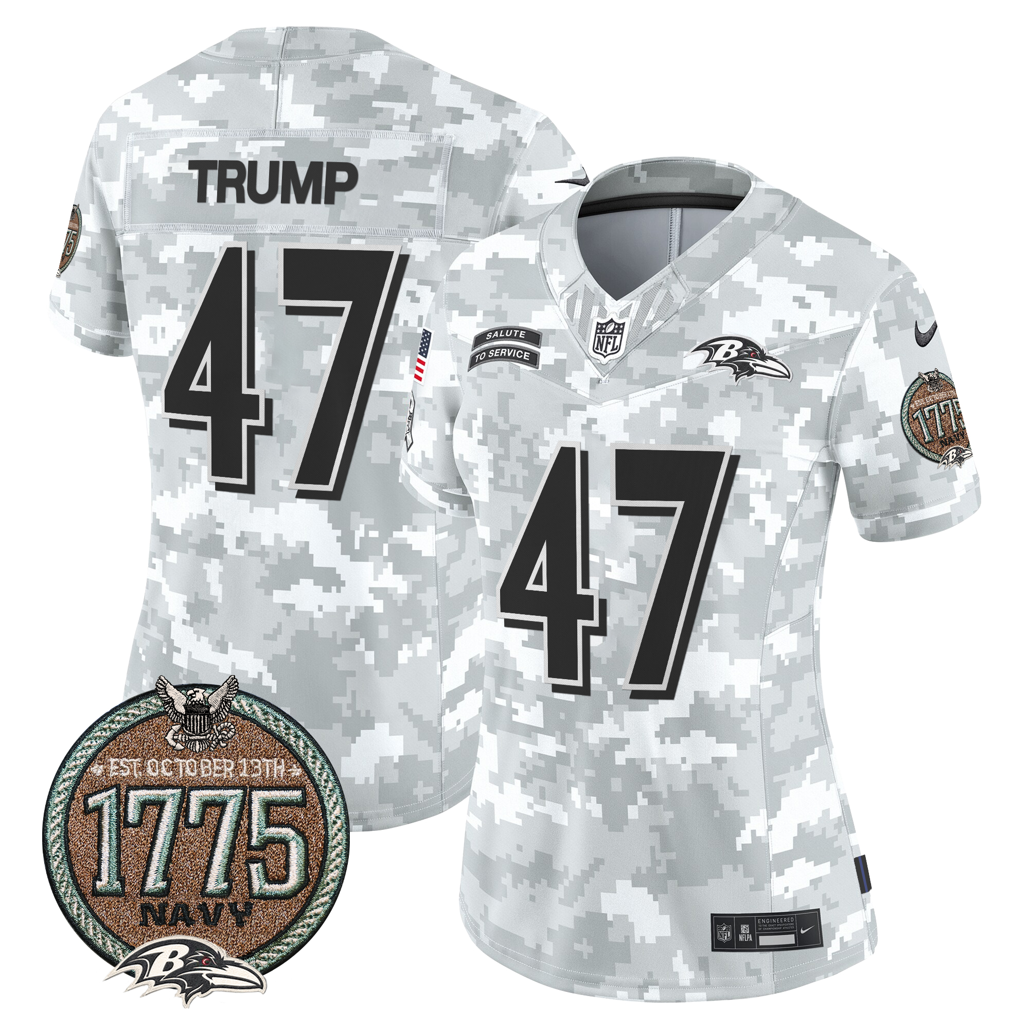 Donald Trump Women's Baltimore Ravens 2024 Salute to Service Establishment Year Patch Vapor Limited Navy Jersey - All Stitched