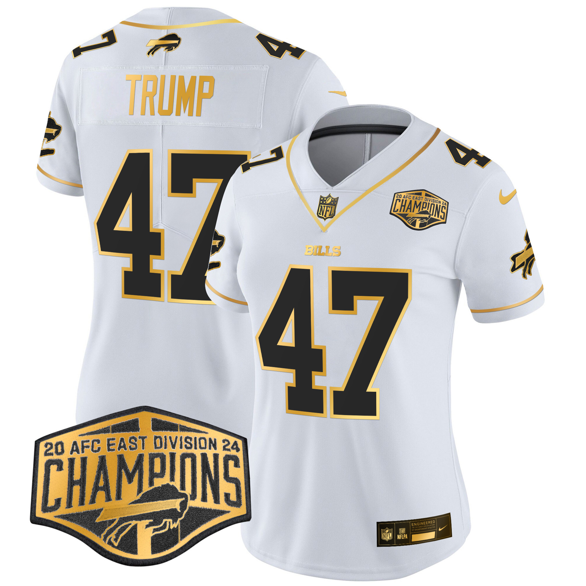 Donald Trump Women's Buffalo Bills 2024 AFC East Division Champions Gold Vapor Limited White Gold Jersey - All Stitched