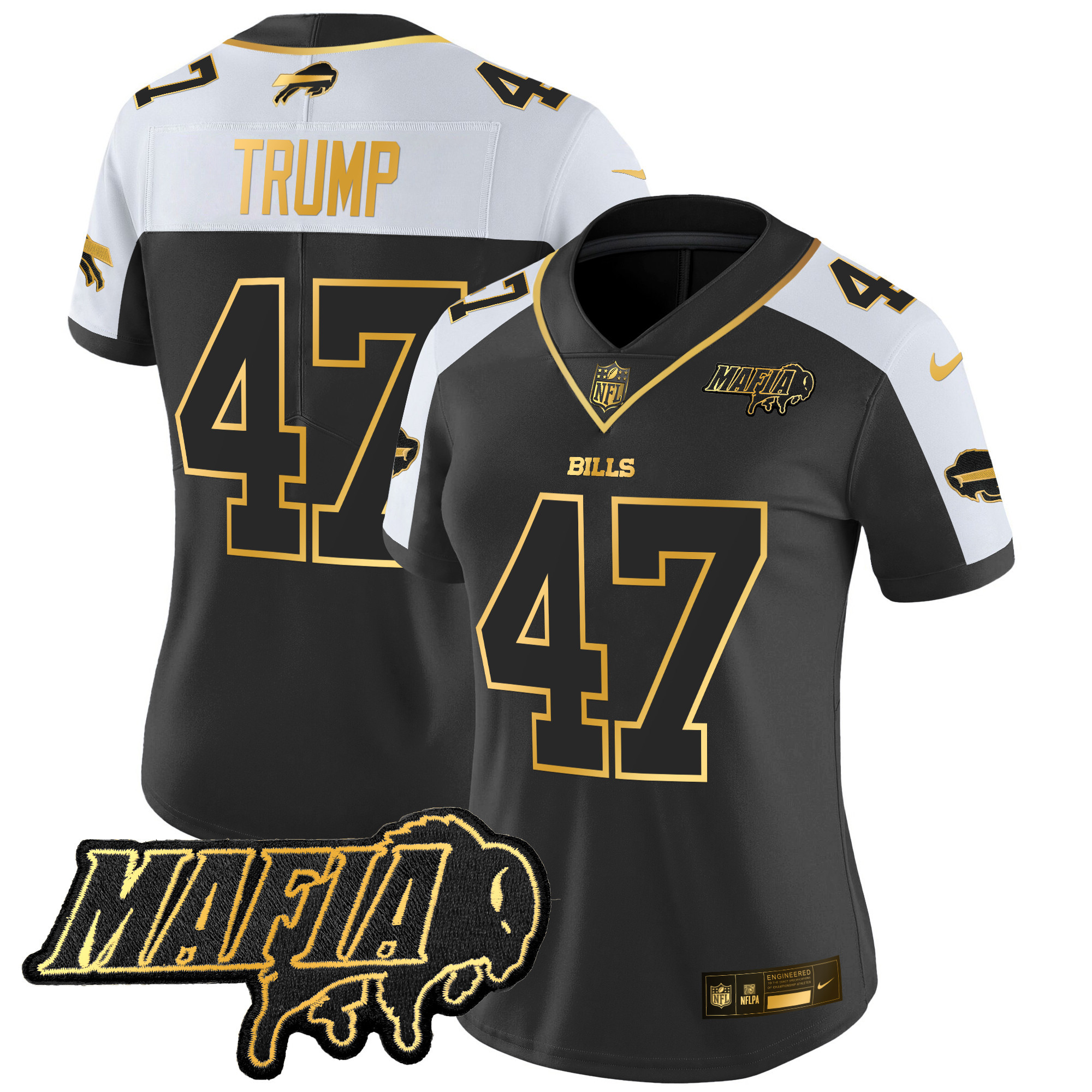 Donald Trump Women's Buffalo Bills 2024 Buffalo Bills Mafia Patch Gold Vapor Limited Alternate Jersey - All Stitched