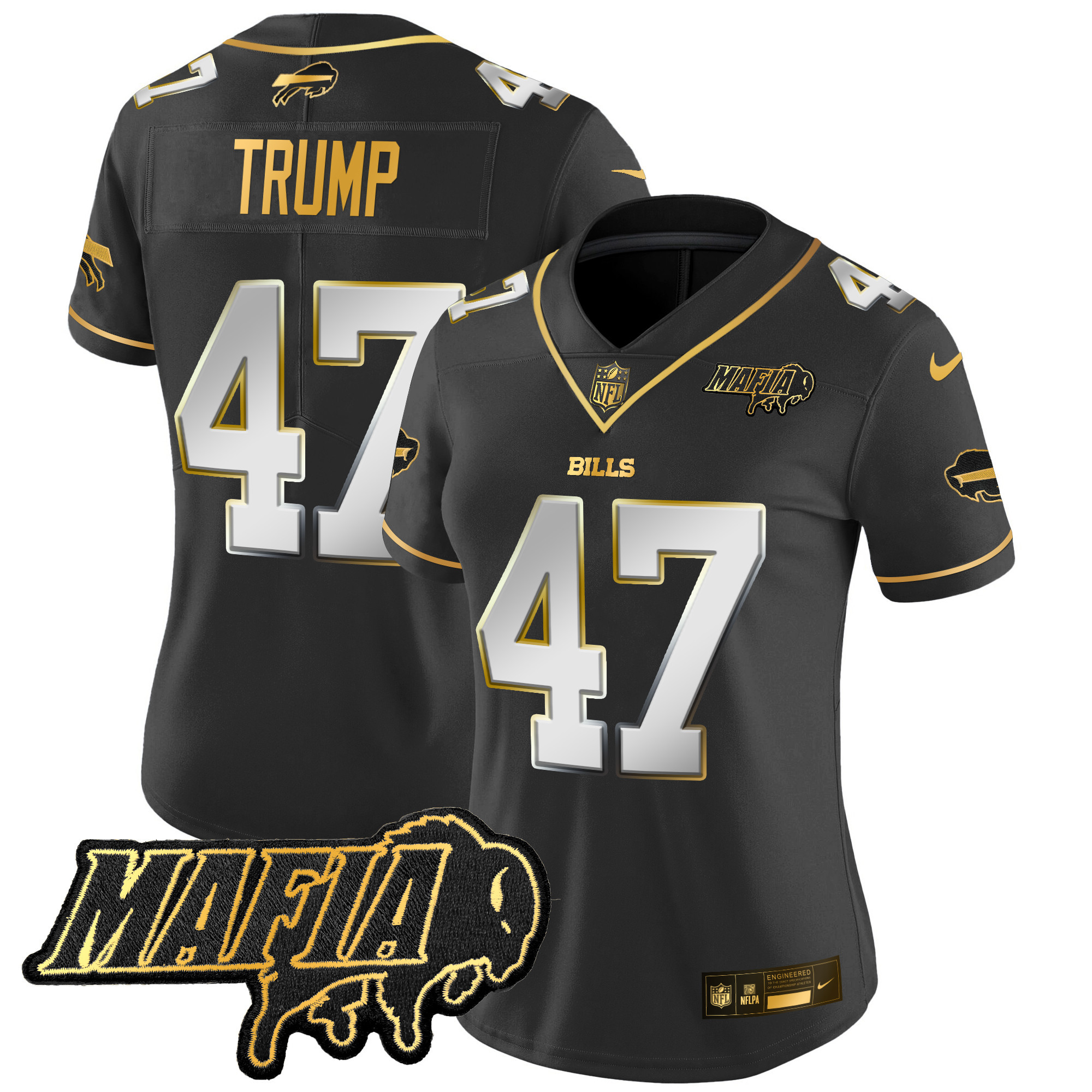 Donald Trump Women's Buffalo Bills 2024 Buffalo Bills Mafia Patch Gold Vapor Limited Black Limited Jersey - All Stitched