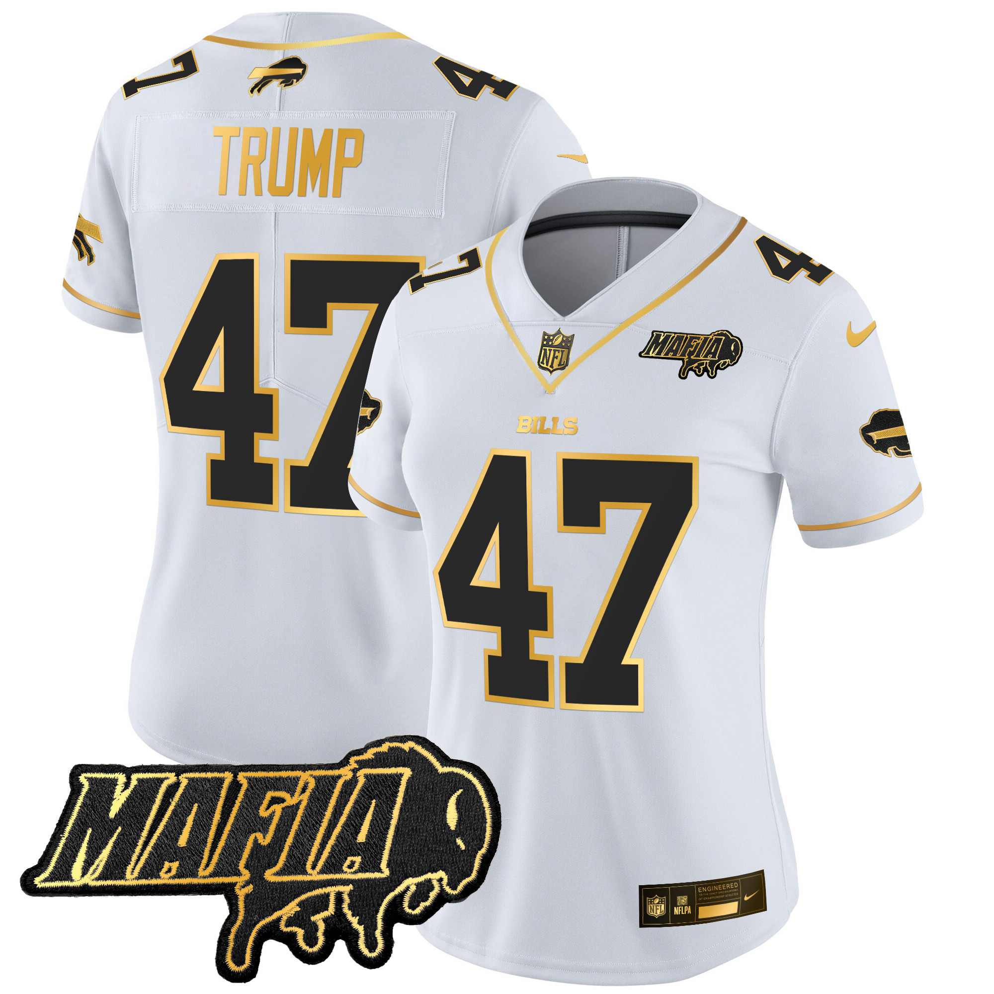 Donald Trump Women's Buffalo Bills 2024 Buffalo Bills Mafia Patch Gold Vapor Limited White Gold Jersey - All Stitched