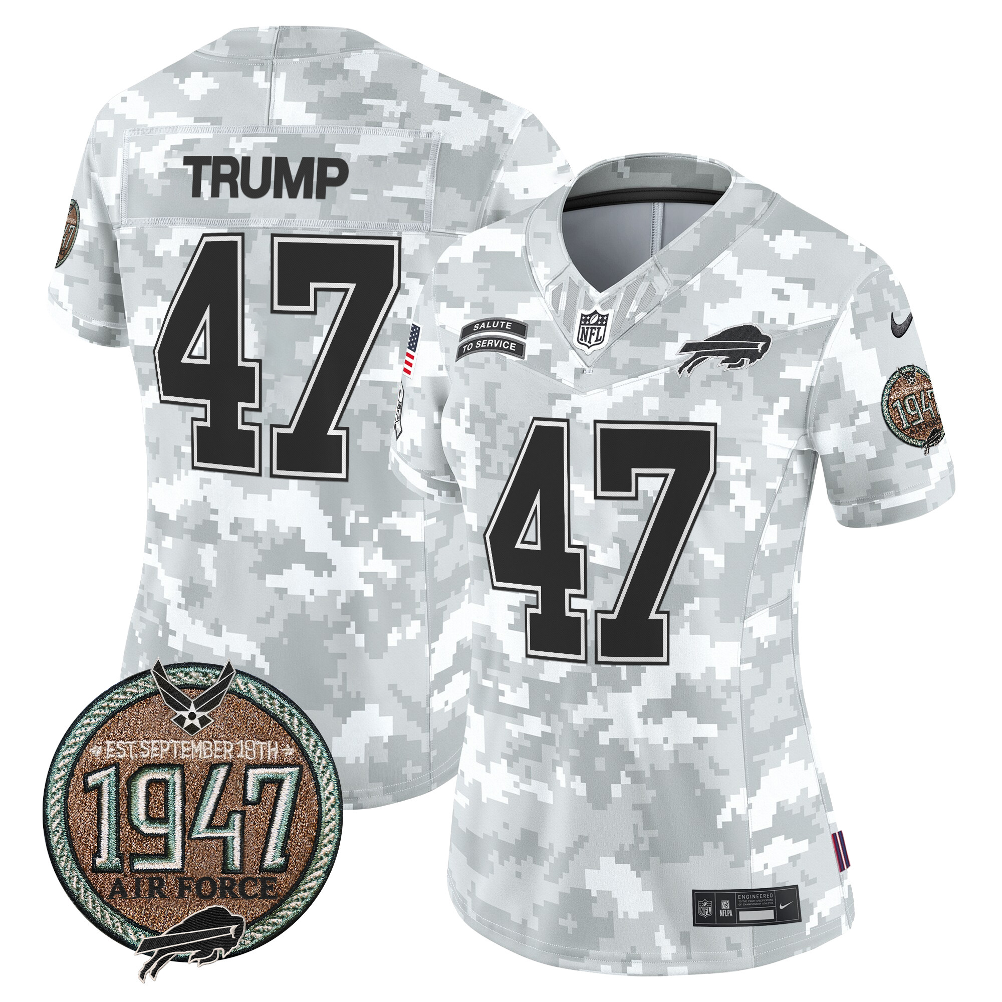 Donald Trump Women's Buffalo Bills 2024 Salute to Service Establishment Year Patch Vapor Limited Air Force Jersey - All Stitched