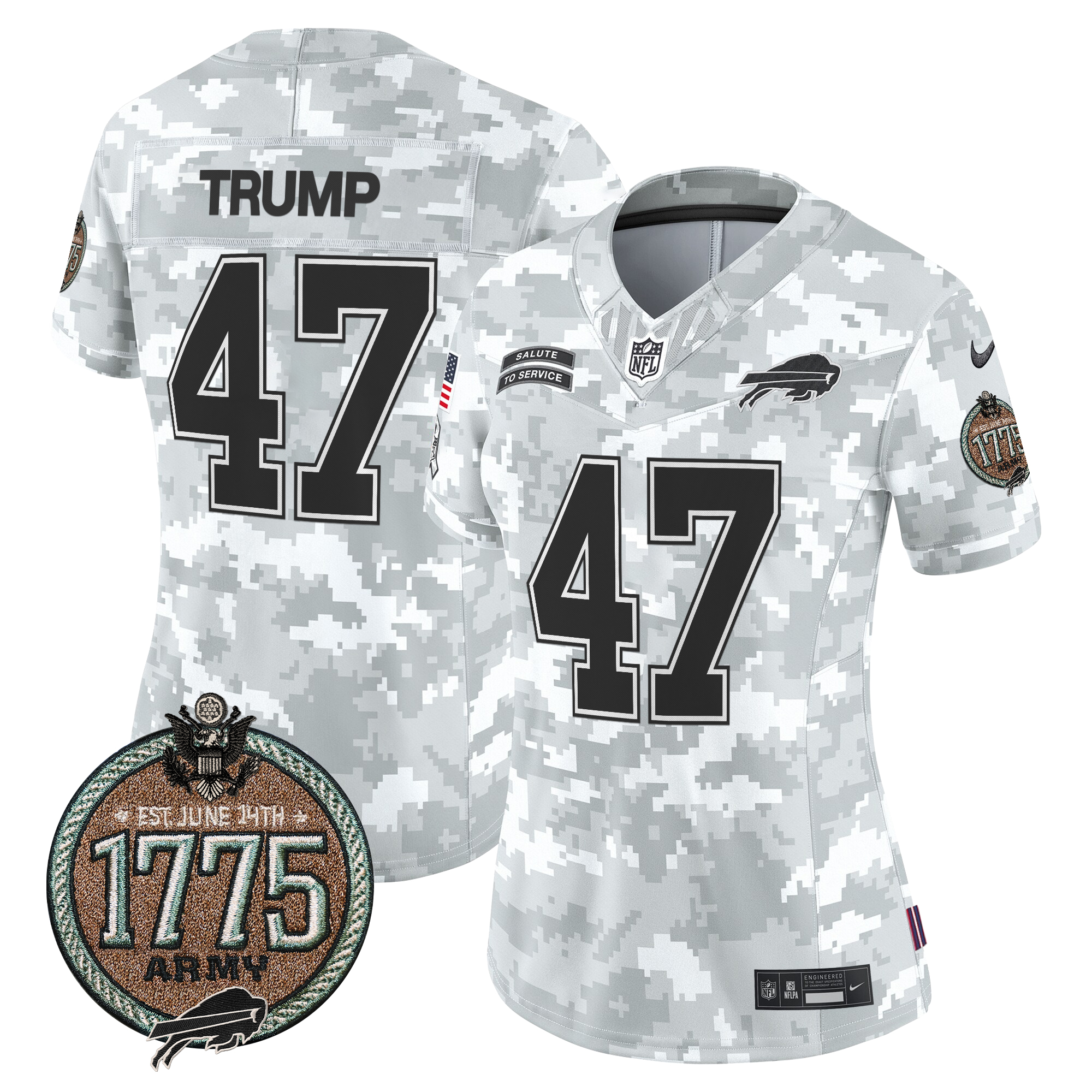 Donald Trump Women's Buffalo Bills 2024 Salute to Service Establishment Year Patch Vapor Limited Army Jersey - All Stitched
