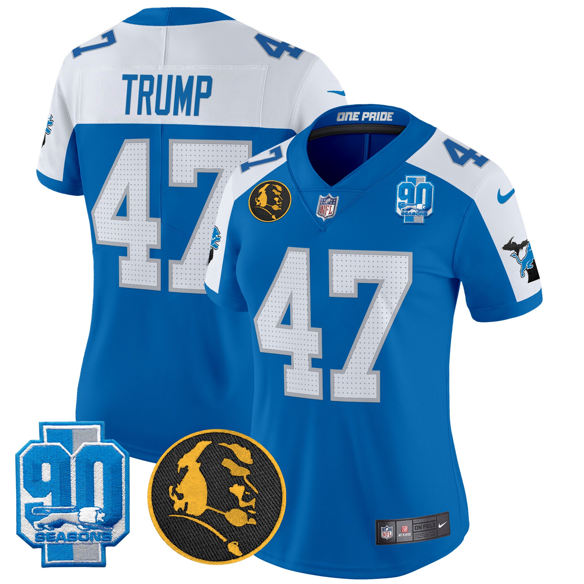 Donald Trump Women's Detroit Lions 2024 90th & John Madden Patch Vapor Limited Blue Alternate Jersey - All Stitched