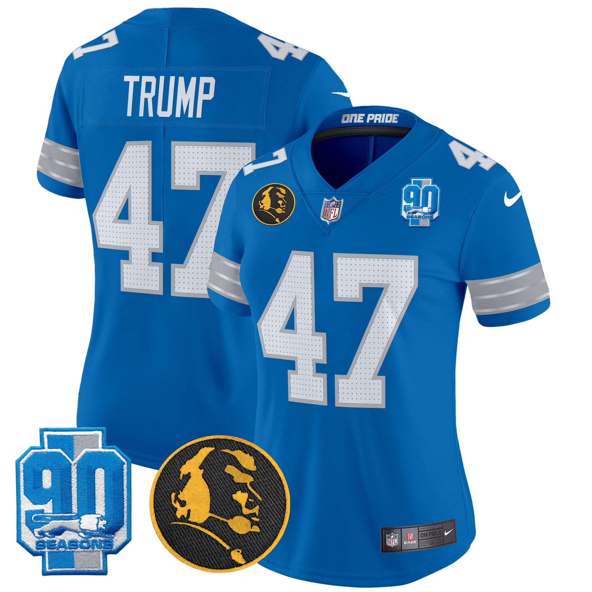 Donald Trump Women's Detroit Lions 2024 90th & John Madden Patch Vapor Limited Blue Jersey - All Stitched