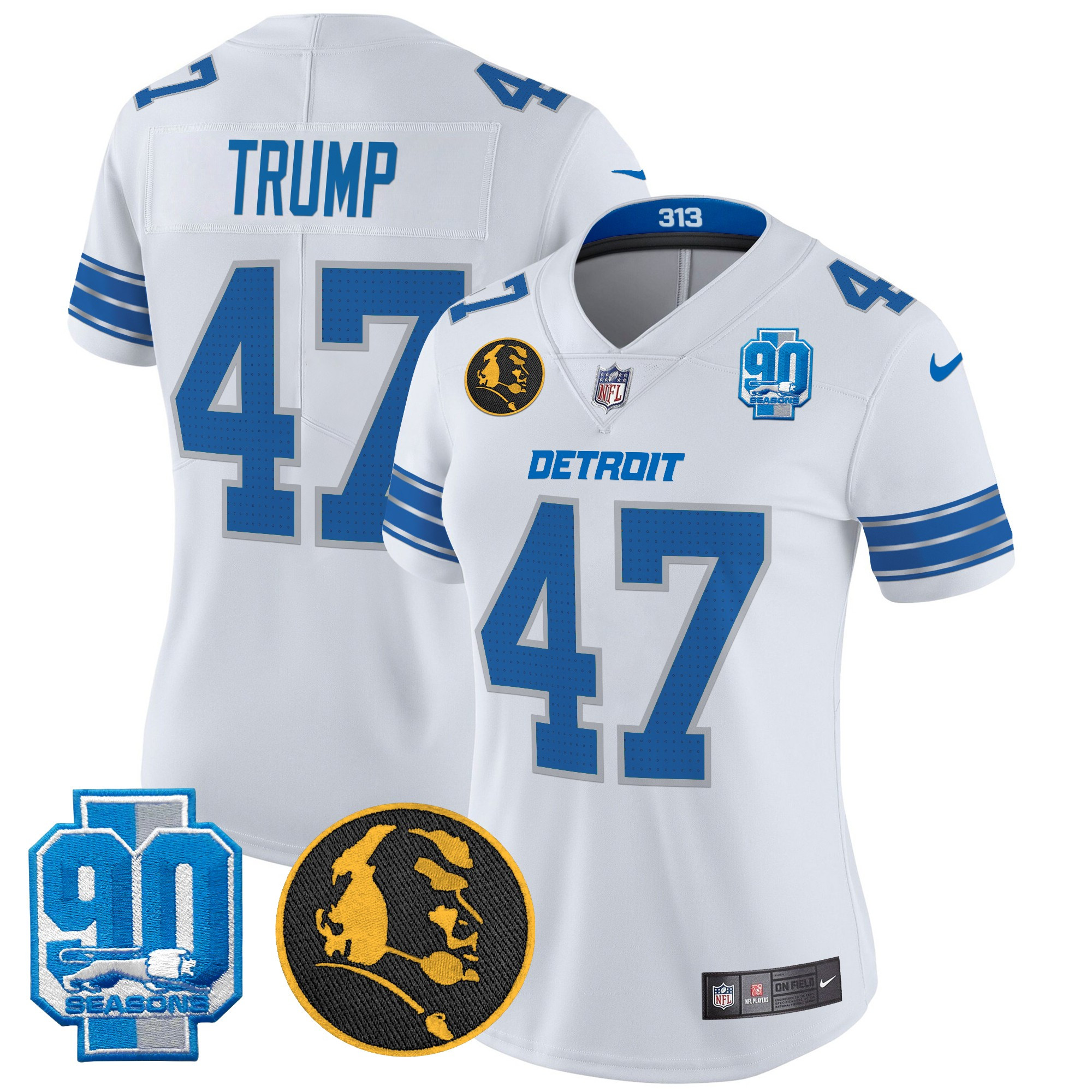 Donald Trump Women's Detroit Lions 2024 90th & John Madden Patch Vapor Limited White Jersey - All Stitched