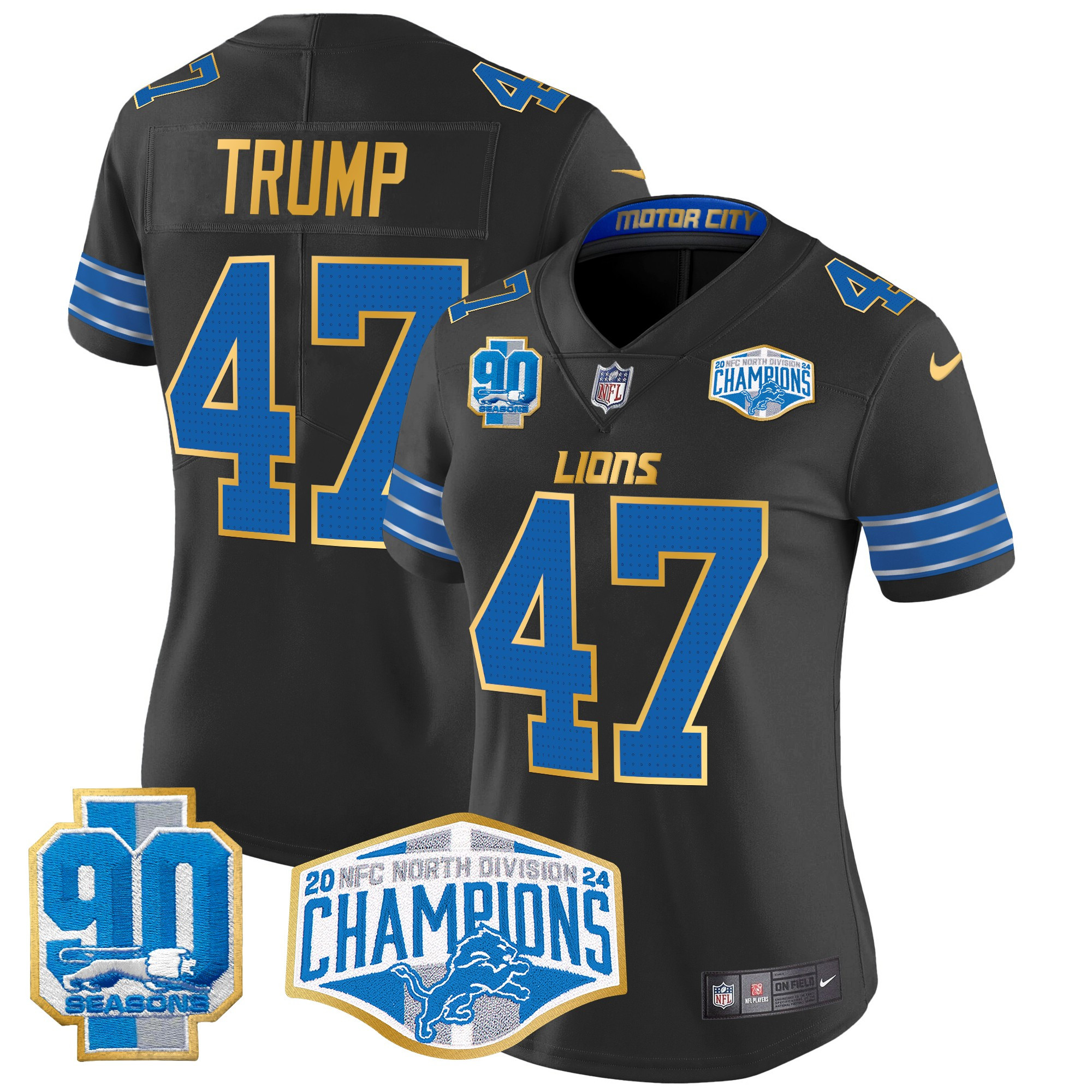 Donald Trump Women's Detroit Lions 2024 NFC North Division Champions Patch Gold Trim Vapor Limited Black Jersey - All Stitched