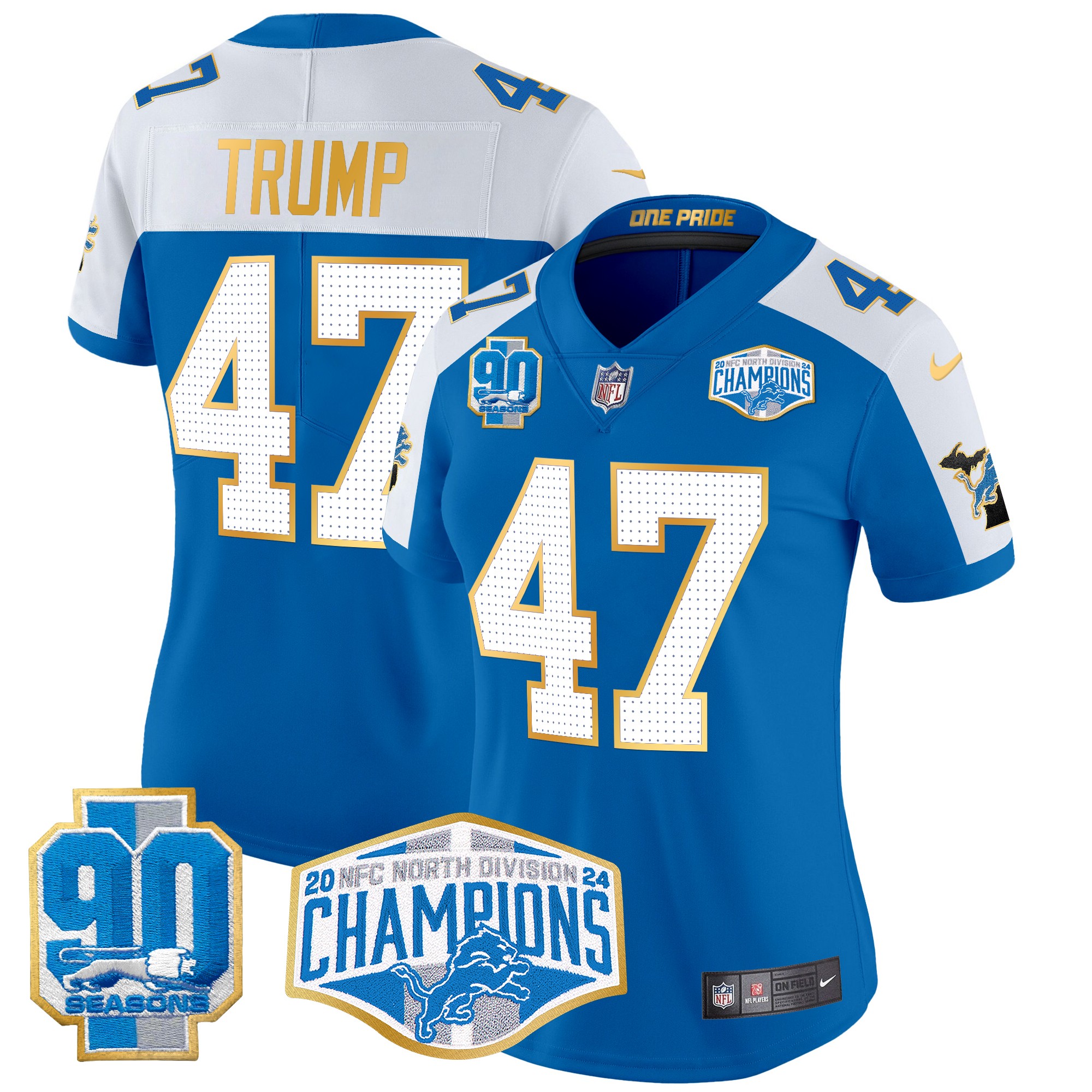 Donald Trump Women's Detroit Lions 2024 NFC North Division Champions Patch Gold Trim Vapor Limited Blue Alternate Jersey - All Stitched