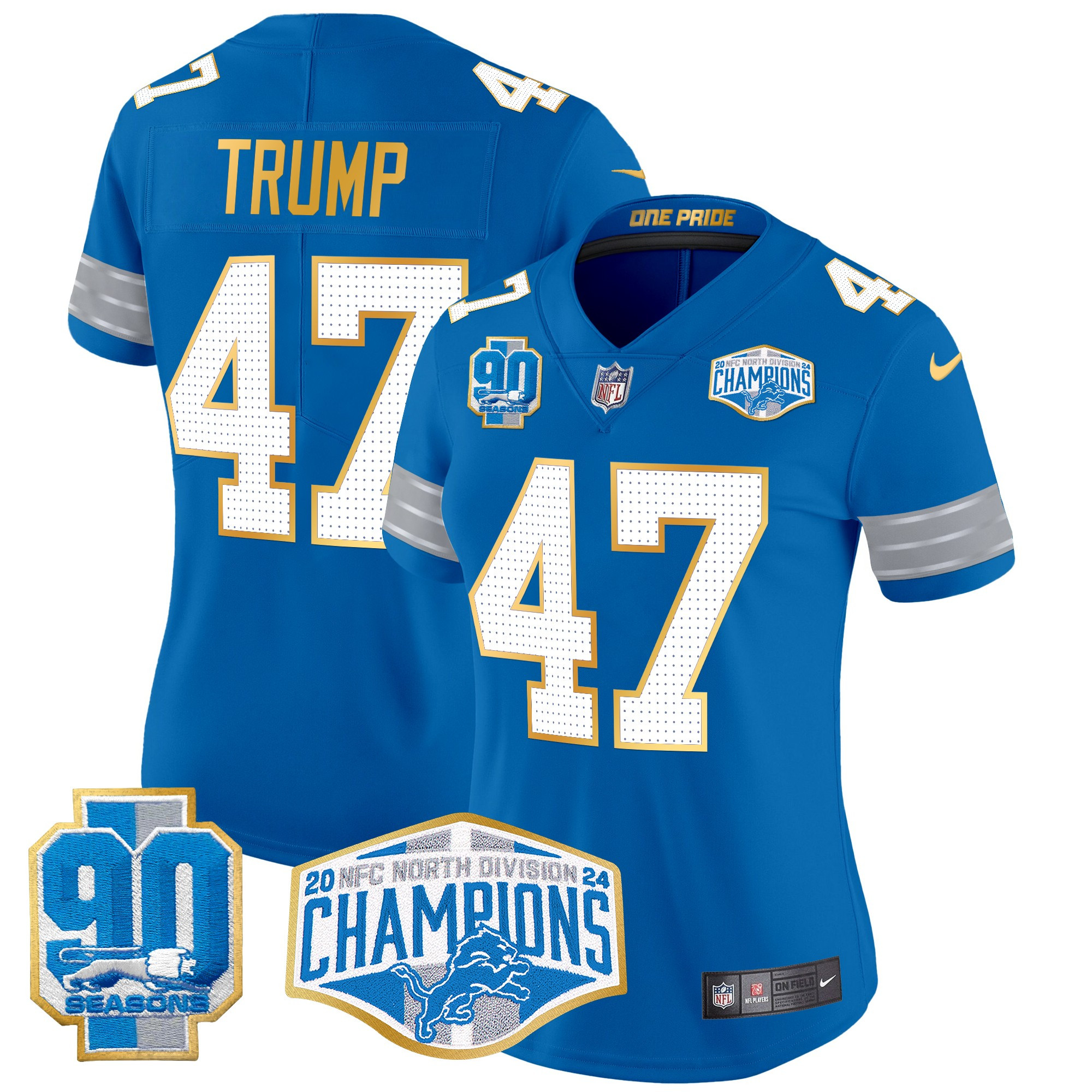 Donald Trump Women's Detroit Lions 2024 NFC North Division Champions Patch Gold Trim Vapor Limited Blue Jersey - All Stitched