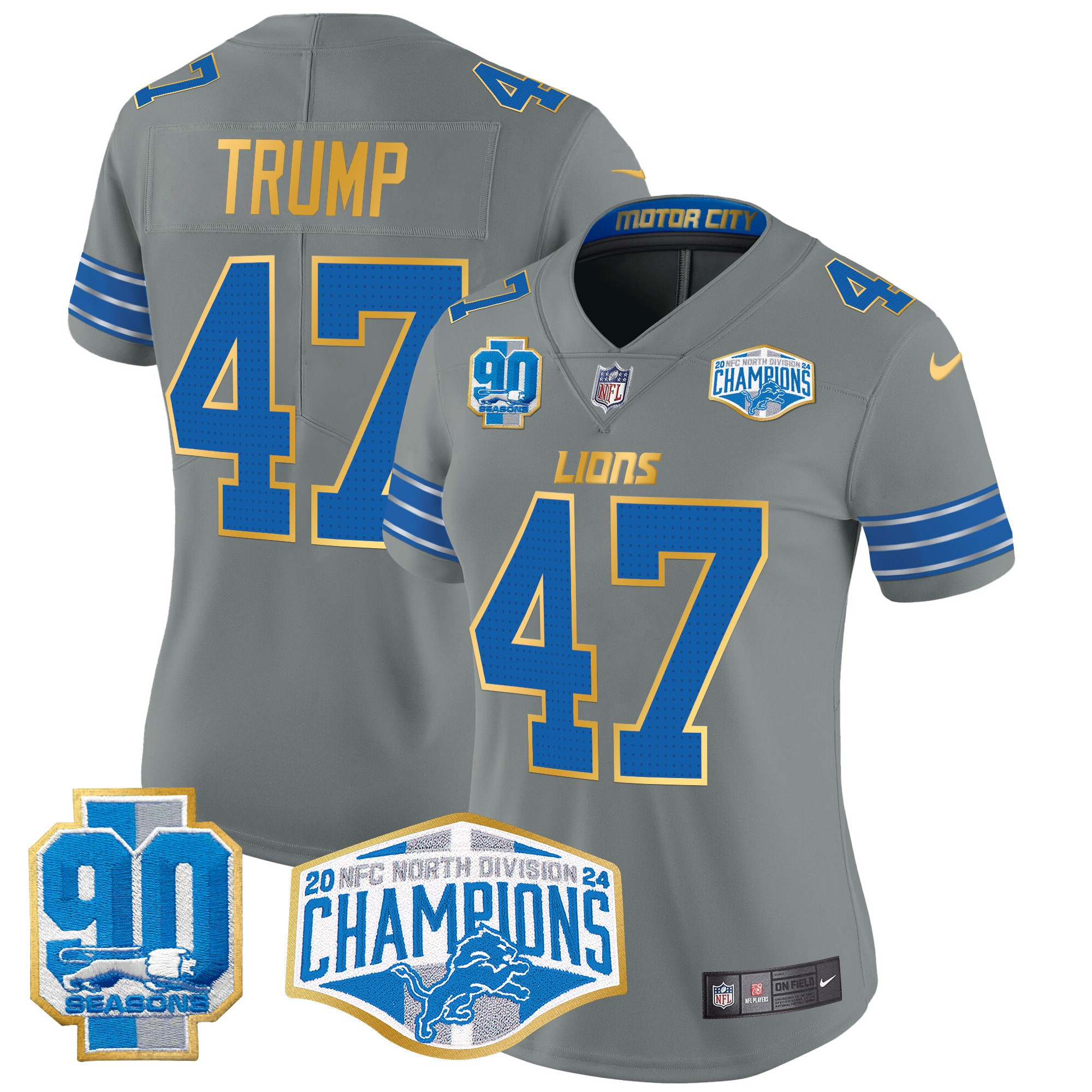 Donald Trump Women's Detroit Lions 2024 NFC North Division Champions Patch Gold Trim Vapor Limited Gray Jersey - All Stitched