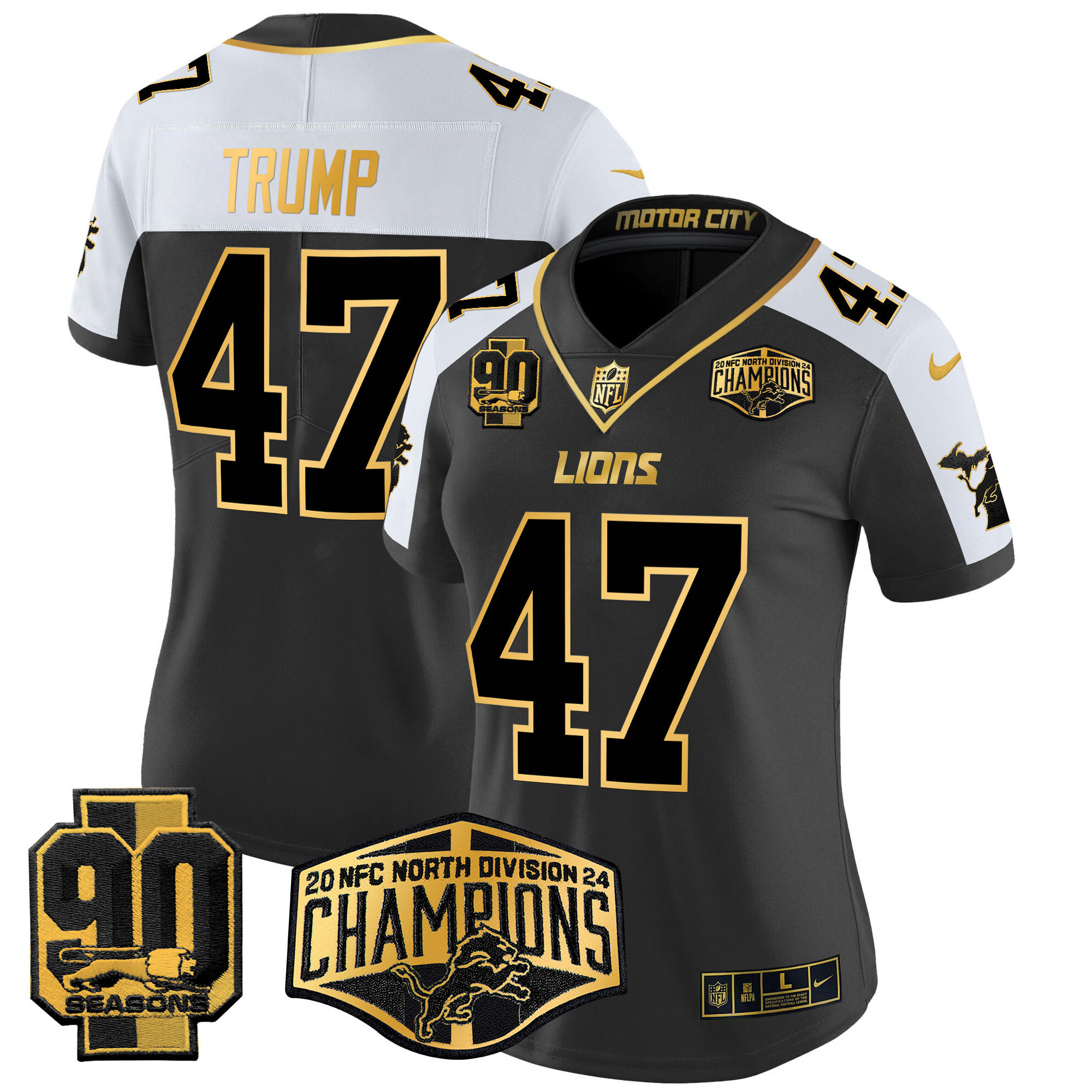 Donald Trump Women's Detroit Lions 2024 NFC North Division Champions Patch Gold Vapor Limited Alternate Jersey - All Stitched