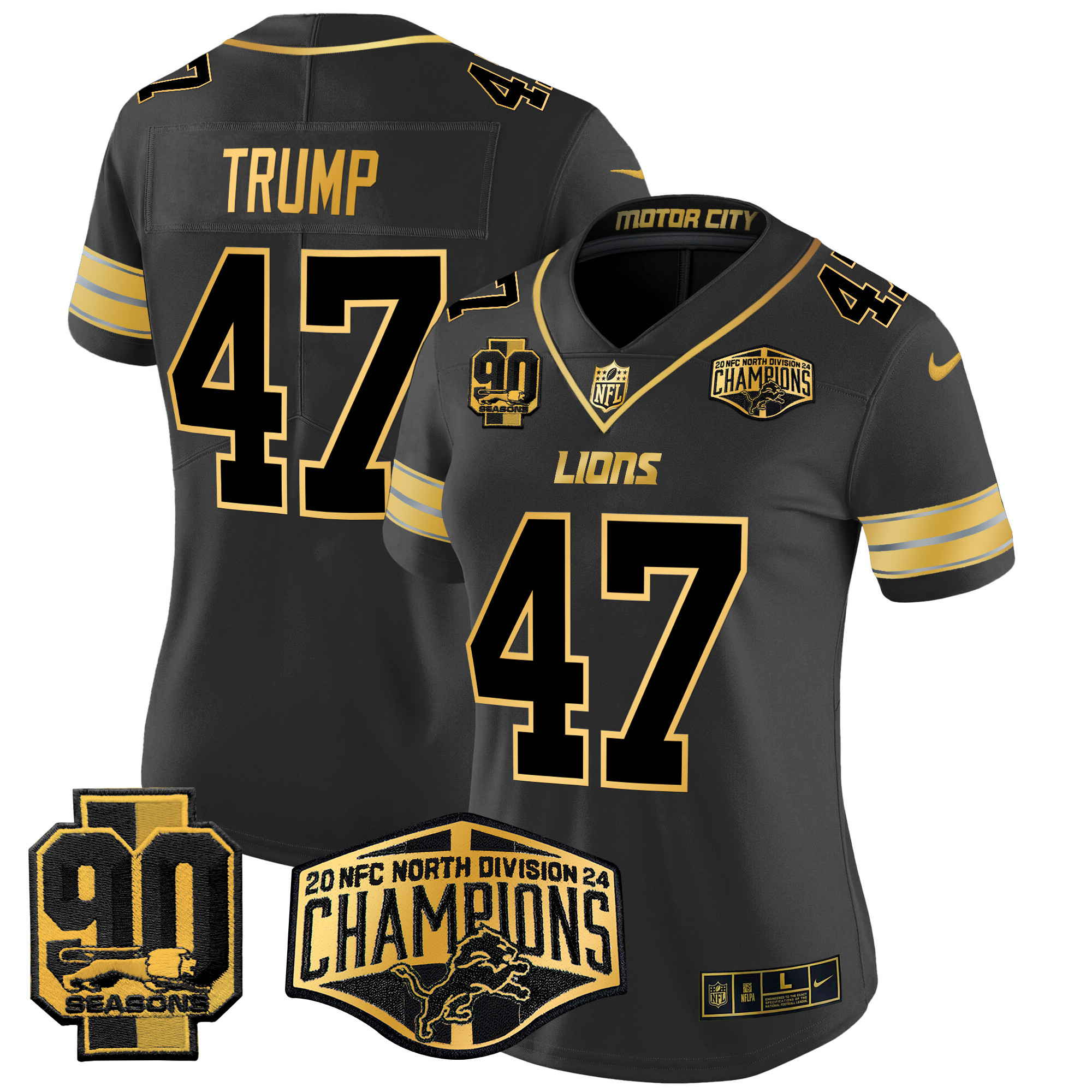Donald Trump Women's Detroit Lions 2024 NFC North Division Champions Patch Gold Vapor Limited Black Gold Jersey - All Stitched
