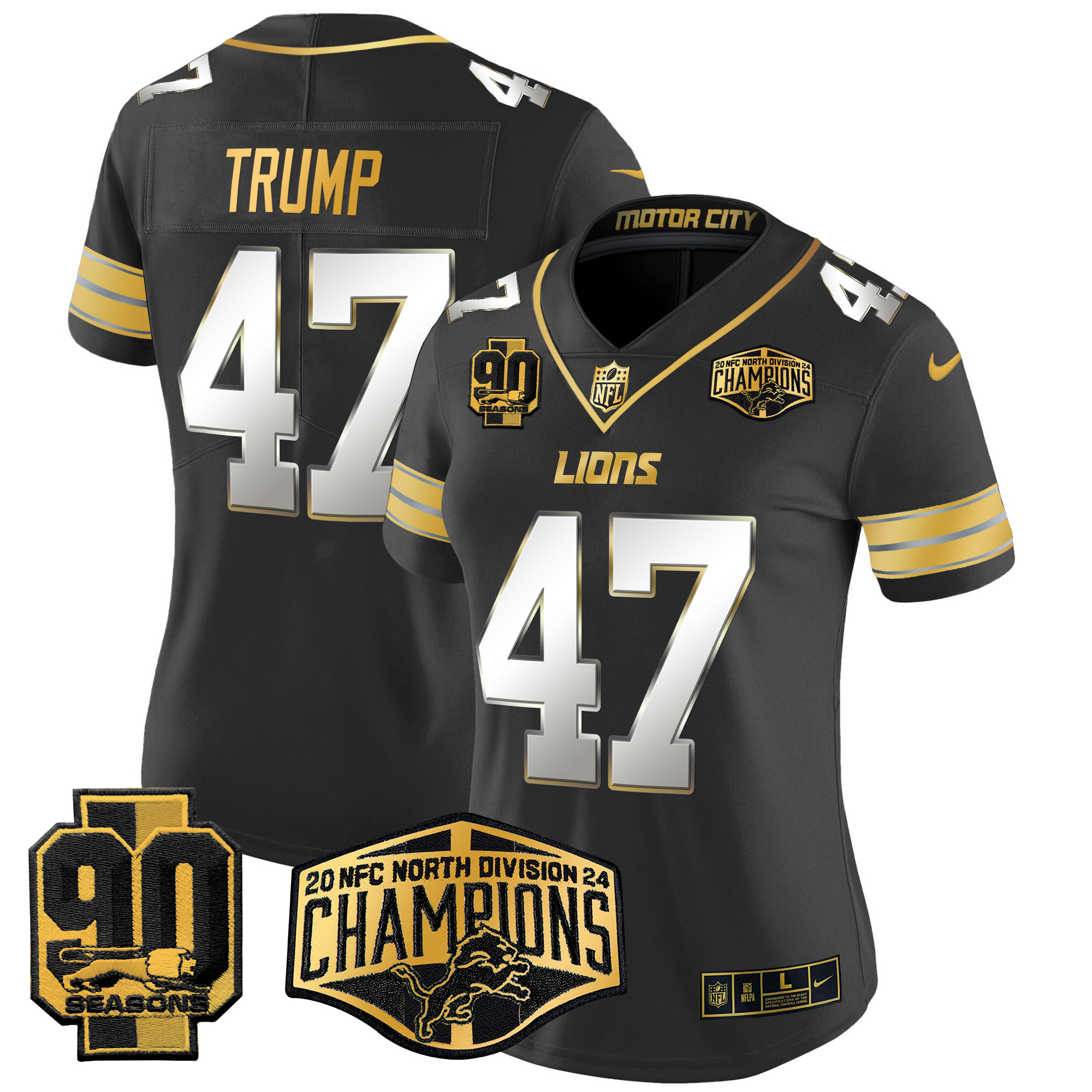 Donald Trump Women's Detroit Lions 2024 NFC North Division Champions Patch Gold Vapor Limited Black Limited Jersey - All Stitched