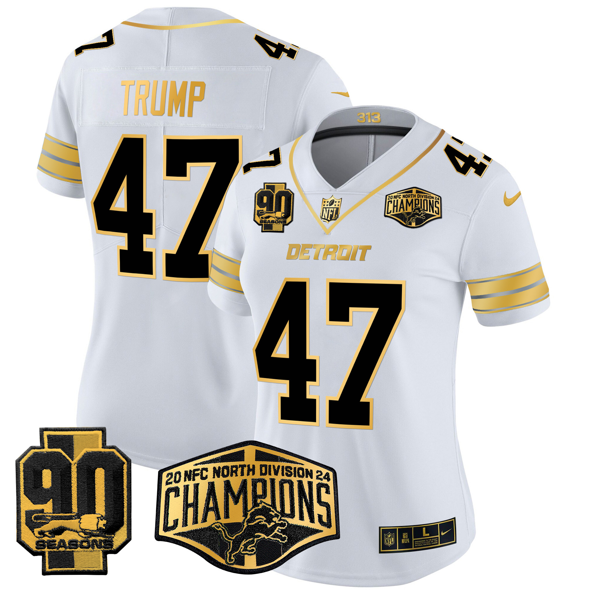 Donald Trump Women's Detroit Lions 2024 NFC North Division Champions Patch Gold Vapor Limited White Gold Jersey - All Stitched