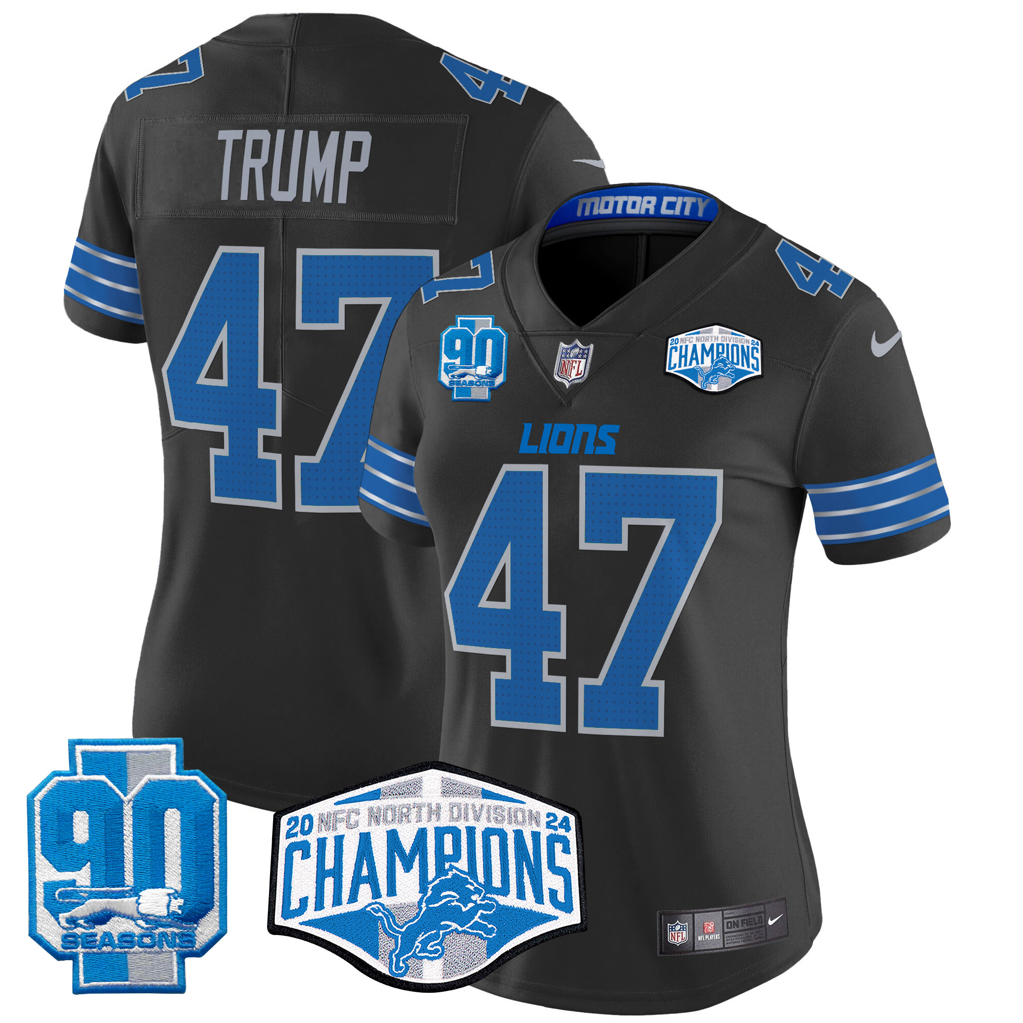 Donald Trump Women's Detroit Lions 2024 NFC North Division Champions Patch Vapor Limited Black Jersey - All Stitched