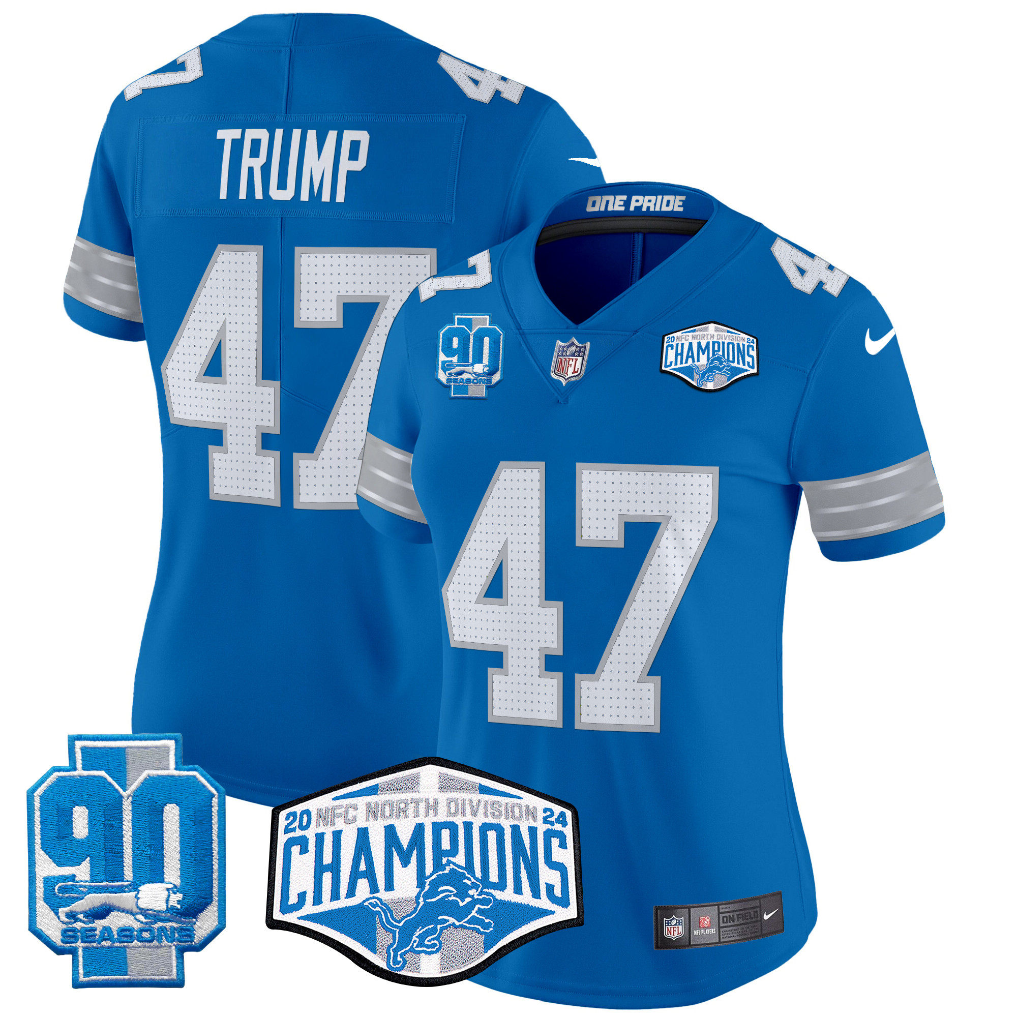Donald Trump Women's Detroit Lions 2024 NFC North Division Champions Patch Vapor Limited Blue Jersey - All Stitched