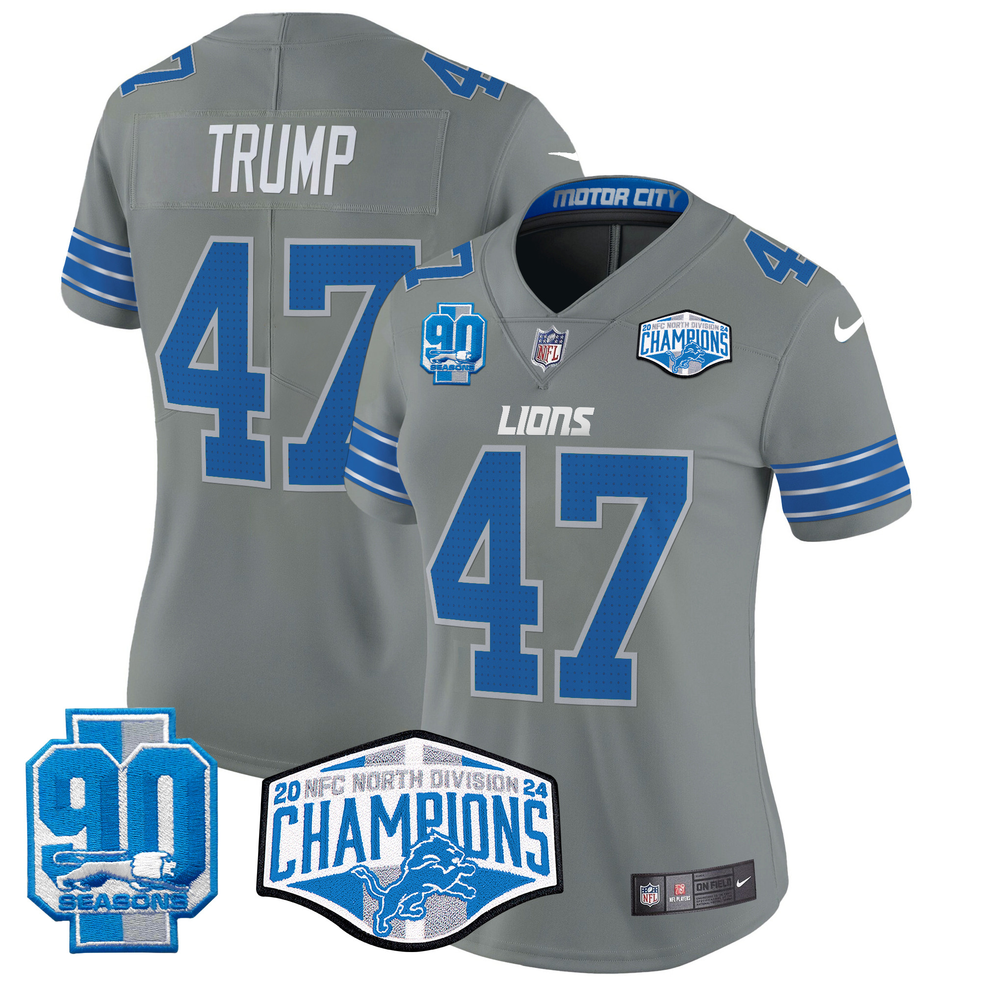 Donald Trump Women's Detroit Lions 2024 NFC North Division Champions Patch Vapor Limited Gray Jersey - All Stitched