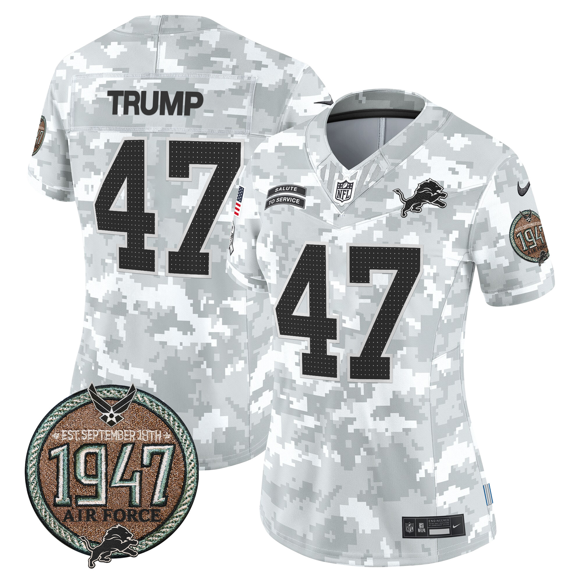 Donald Trump Women's Detroit Lions 2024 Salute to Service Establishment Year Patch Vapor Limited Air Force Jersey - All Stitched
