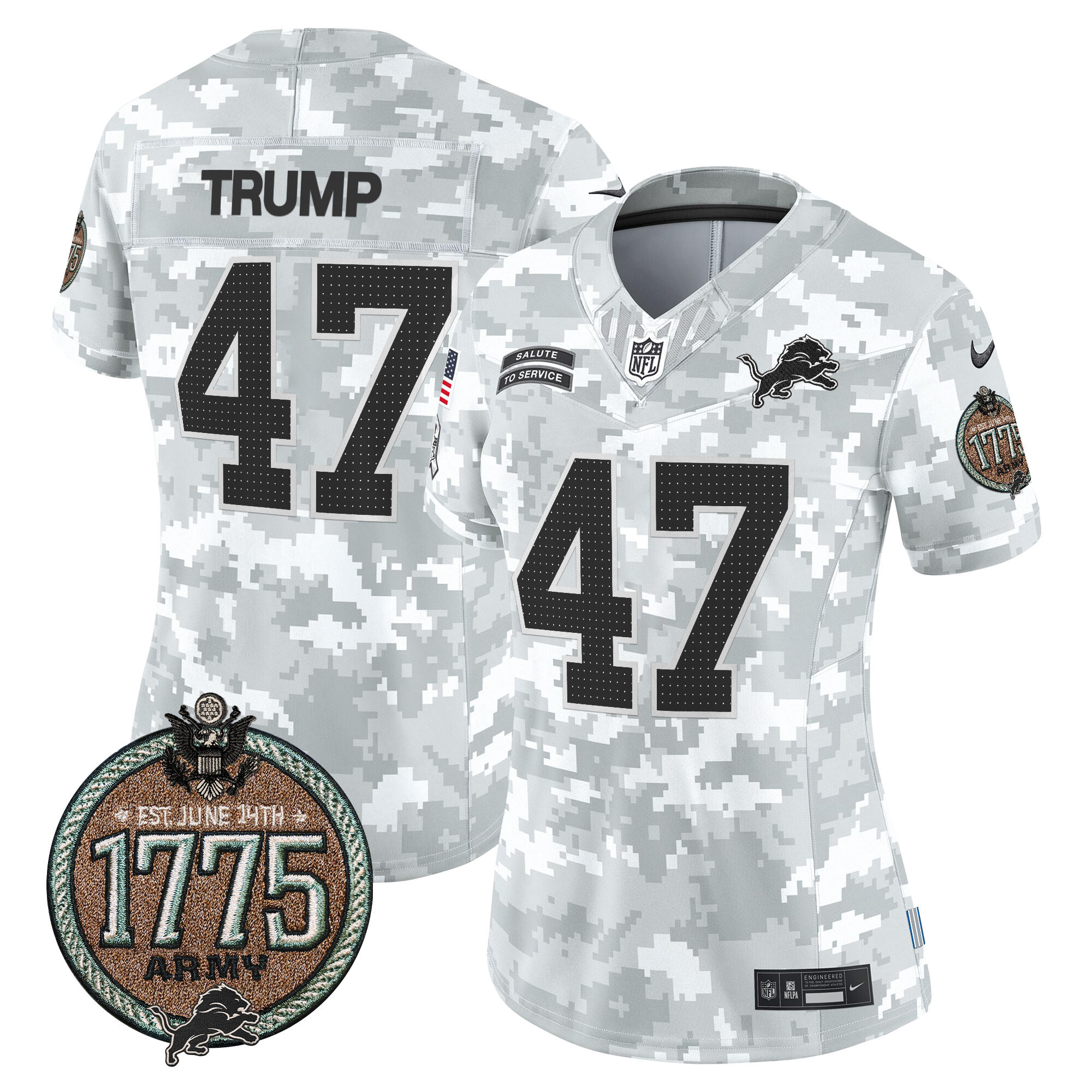 Donald Trump Women's Detroit Lions 2024 Salute to Service Establishment Year Patch Vapor Limited Army Jersey - All Stitched