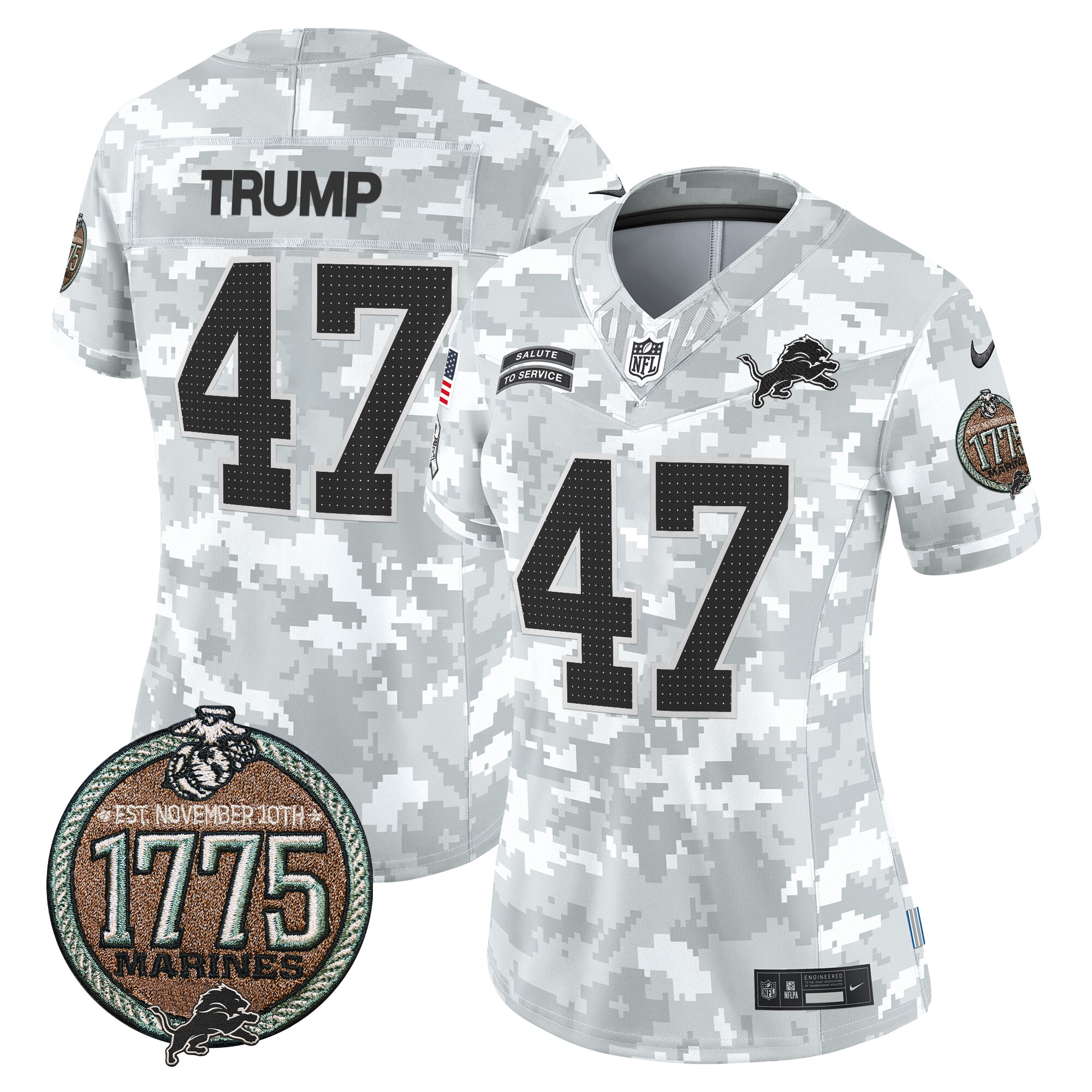Donald Trump Women's Detroit Lions 2024 Salute to Service Establishment Year Patch Vapor Limited Marines Jersey - All Stitched