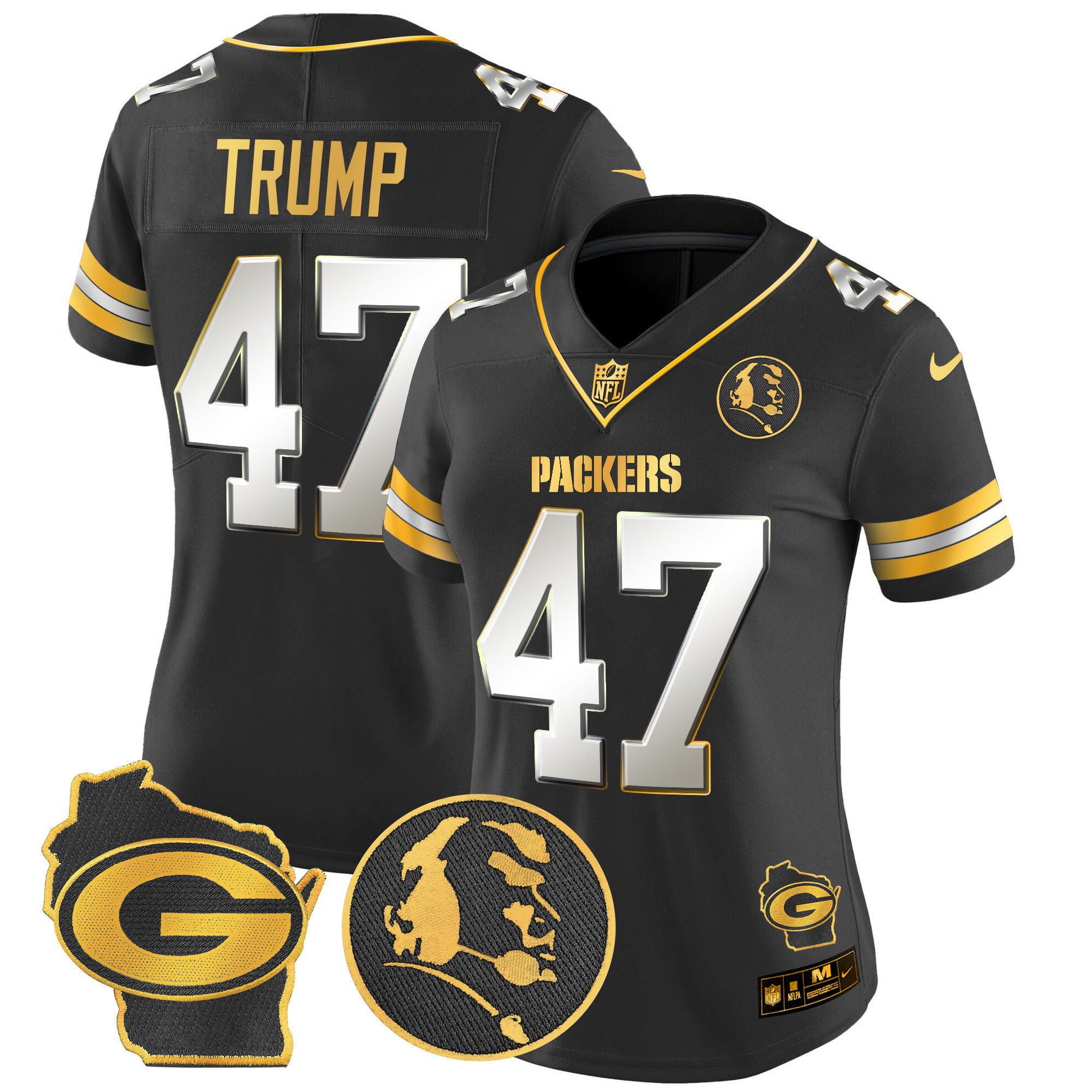 Donald Trump Women's Green Bay Packers John Madden & Home Patch Gold Vapor Limited Black Limited Jersey - All Stitched