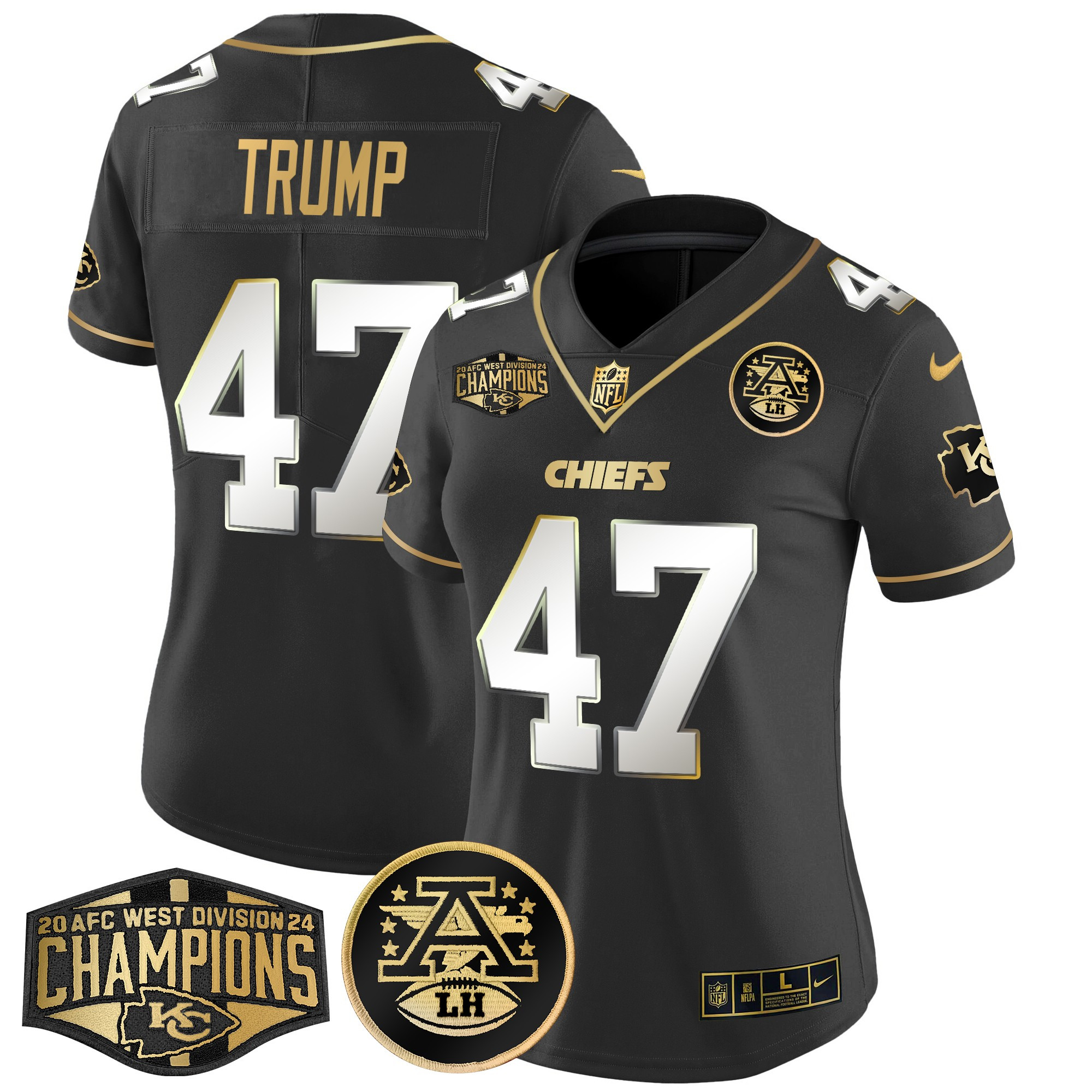 Donald Trump Women's Kansas City Chiefs 2024 AFC West Division Champions Patch Gold Vapor Limited Black Limited Jersey - All Stitched