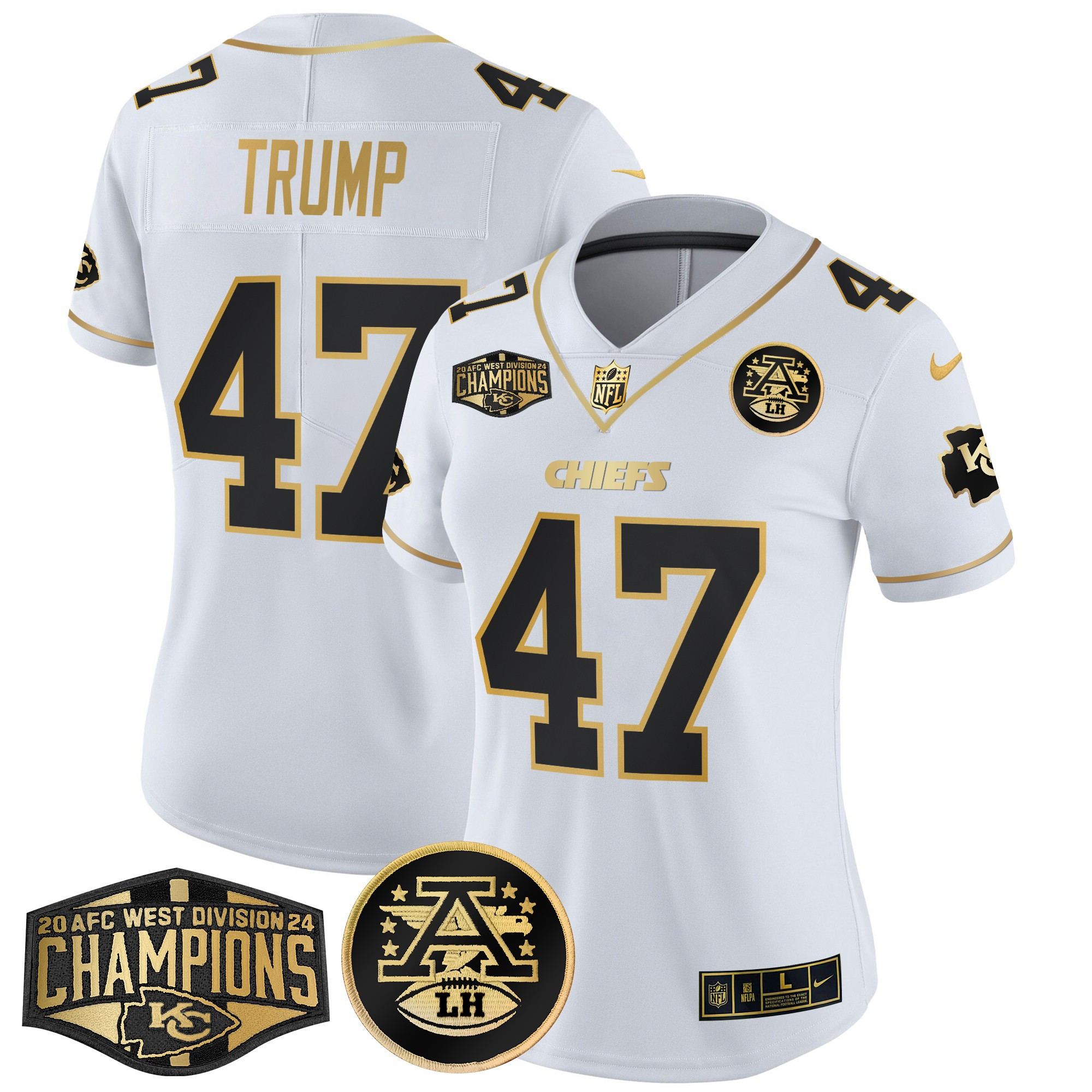 Donald Trump Women's Kansas City Chiefs 2024 AFC West Division Champions Patch Gold Vapor Limited White Gold Jersey - All Stitched