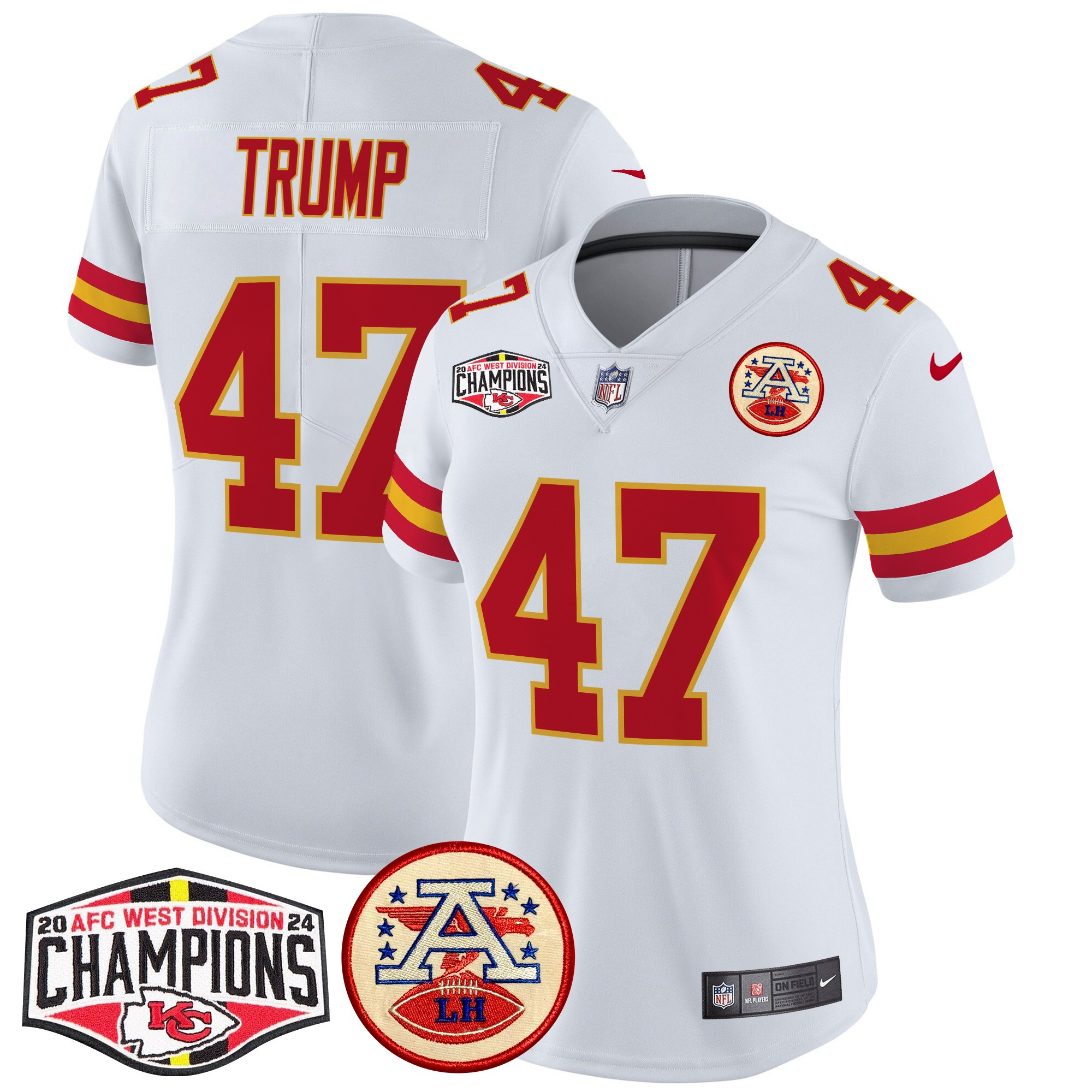 Donald Trump Women's Kansas City Chiefs 2024 AFC West Division Champions Patch Vapor Limited White Jersey - All Stitched