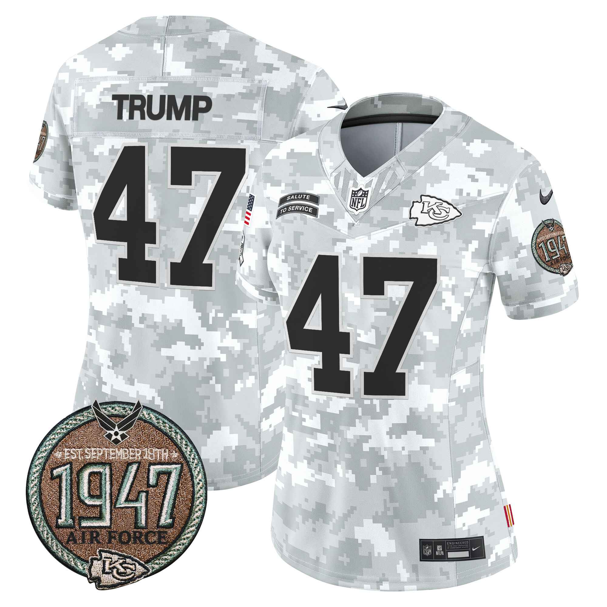 Donald Trump Women's Kansas City Chiefs 2024 Salute to Service Establishment Year Patch Vapor Limited Air Force Jersey - All Stitched