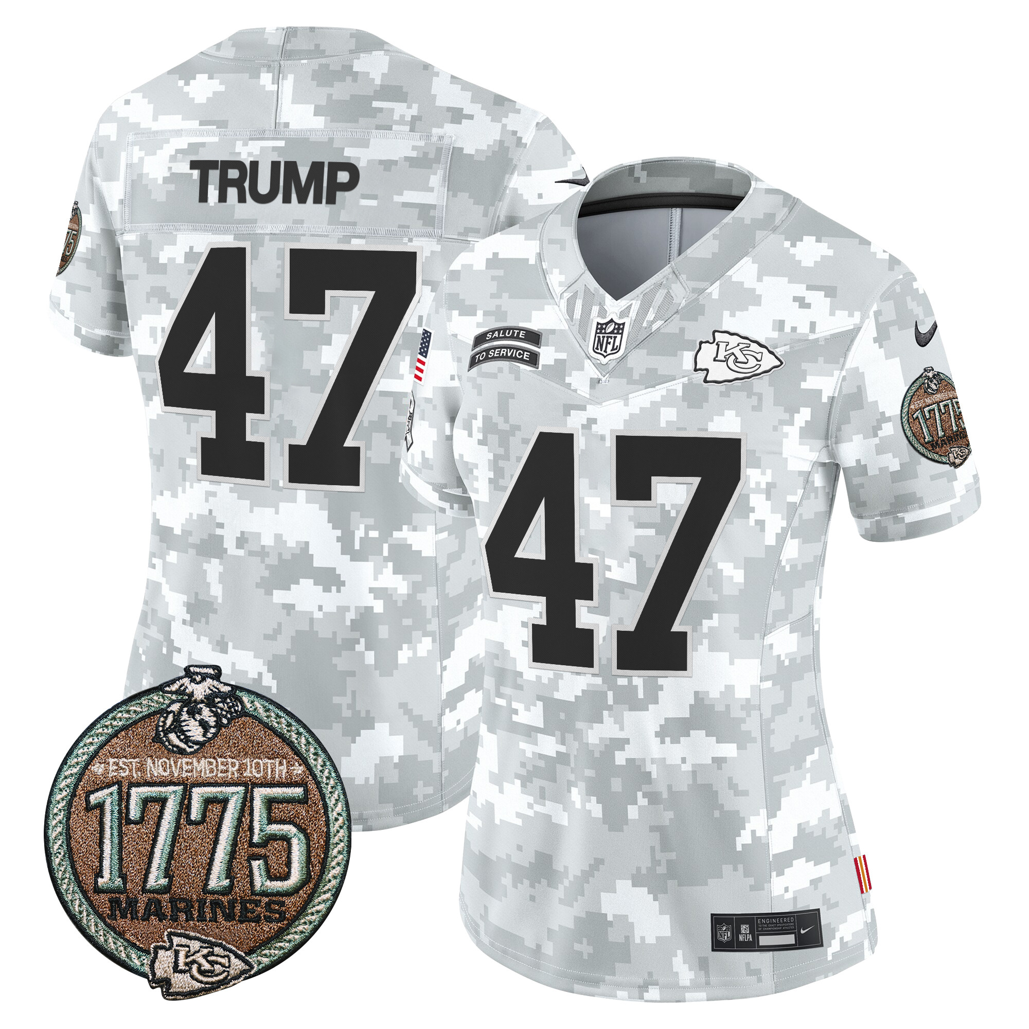 Donald Trump Women's Kansas City Chiefs 2024 Salute to Service Establishment Year Patch Vapor Limited Marines Jersey - All Stitched