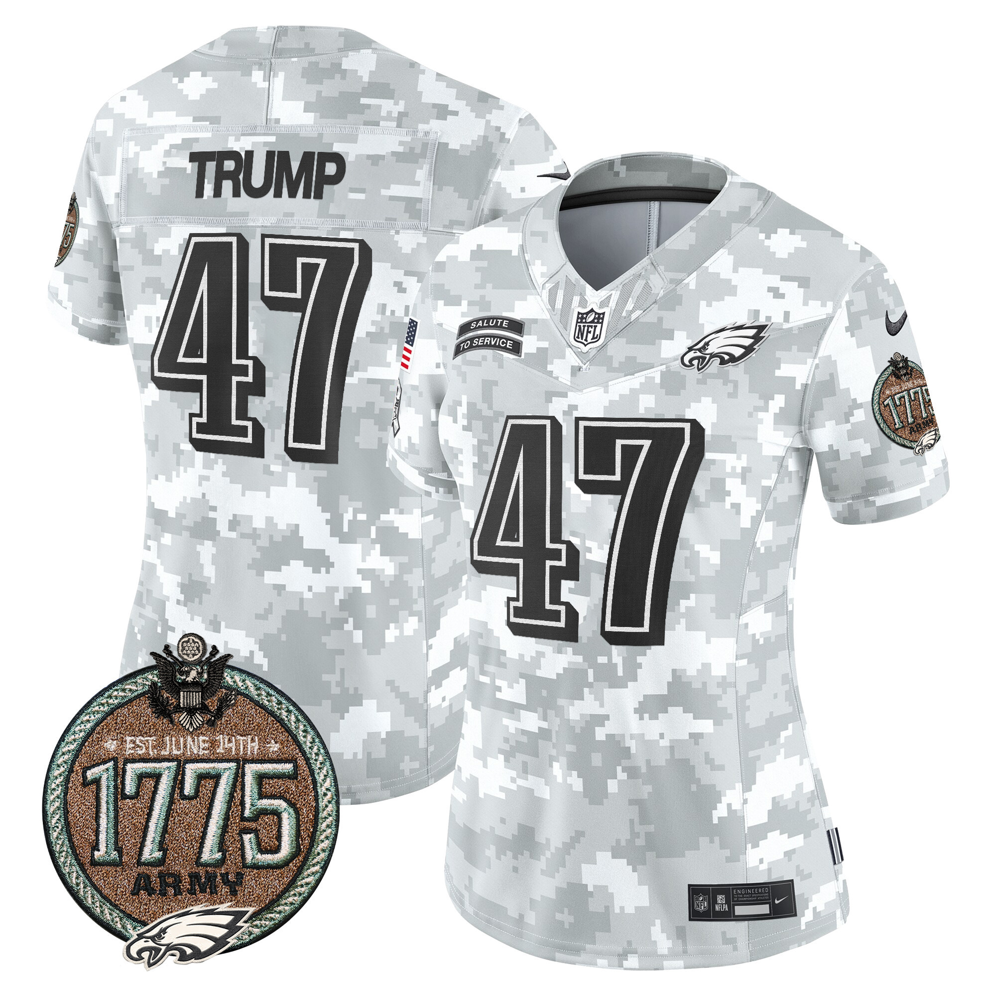 Donald Trump Women's Philadelphia Eagles 2024 Salute to Service Establishment Year Patch Vapor Limited Army Jersey - All Stitched