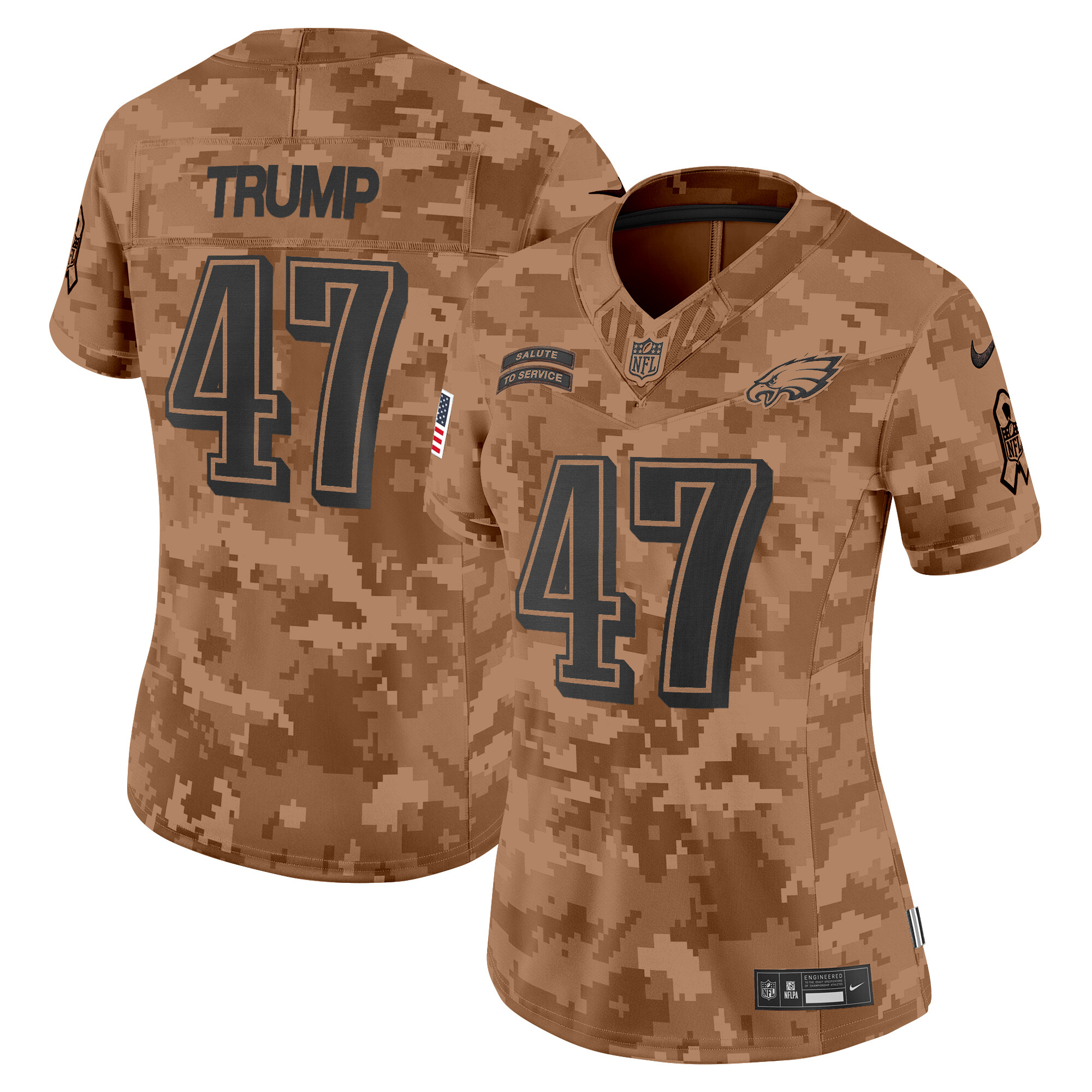 Donald Trump Women's Philadelphia Eagles 2024 Salute to Service Vapor Limited Brown Camo Jersey - All Stitched