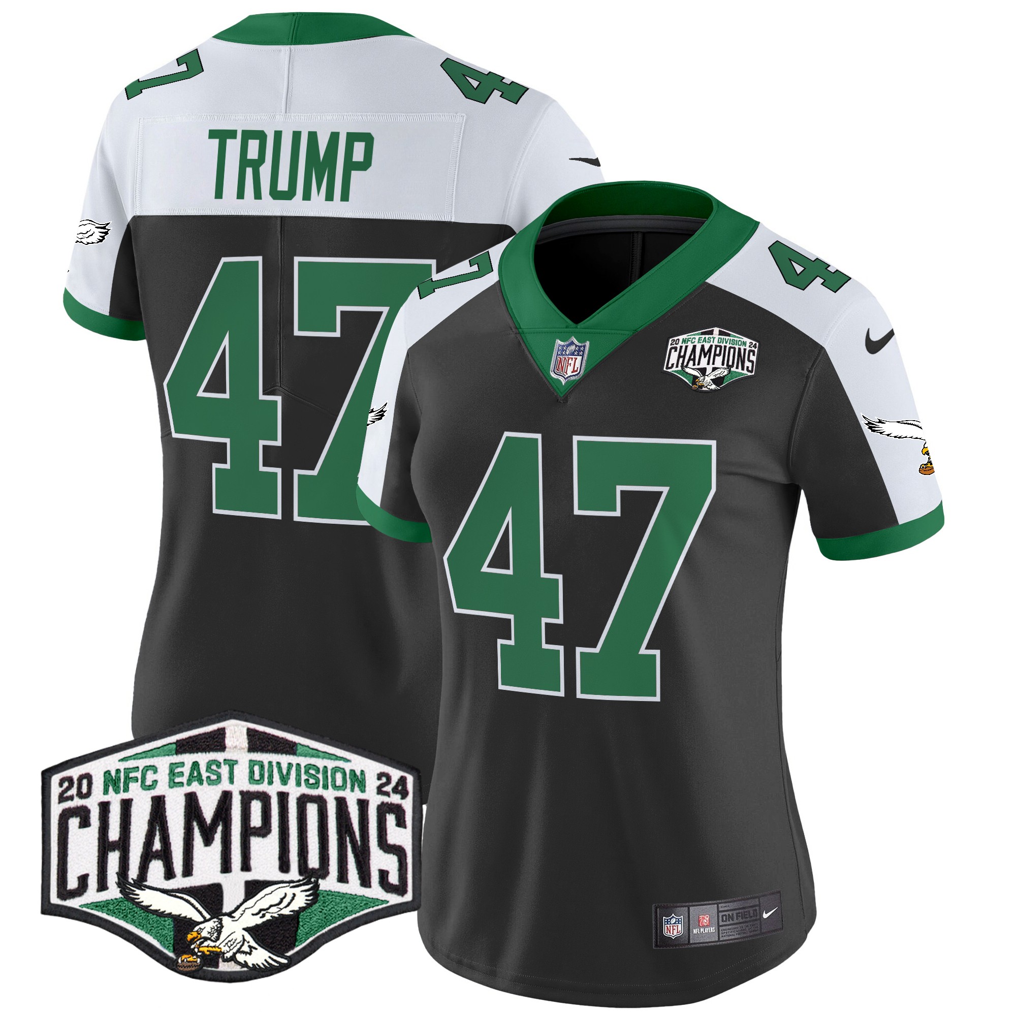 Donald Trump Women's Philadelphia Eagles Kelly Green 2024 NFC East Division Champions Vapor Limited Black Alternate Jersey - All Stitched