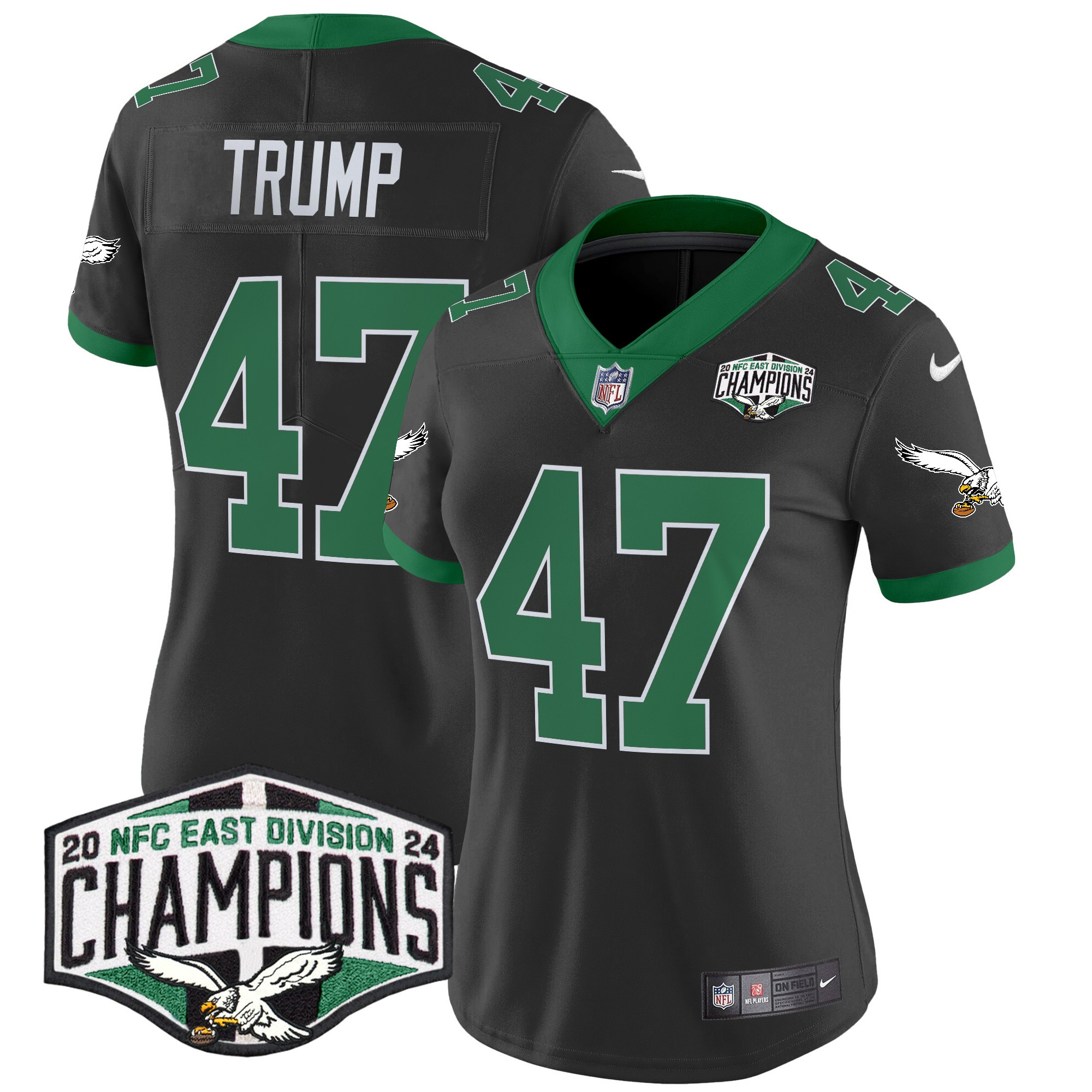Donald Trump Women's Philadelphia Eagles Kelly Green 2024 NFC East Division Champions Vapor Limited Black Jersey - All Stitched