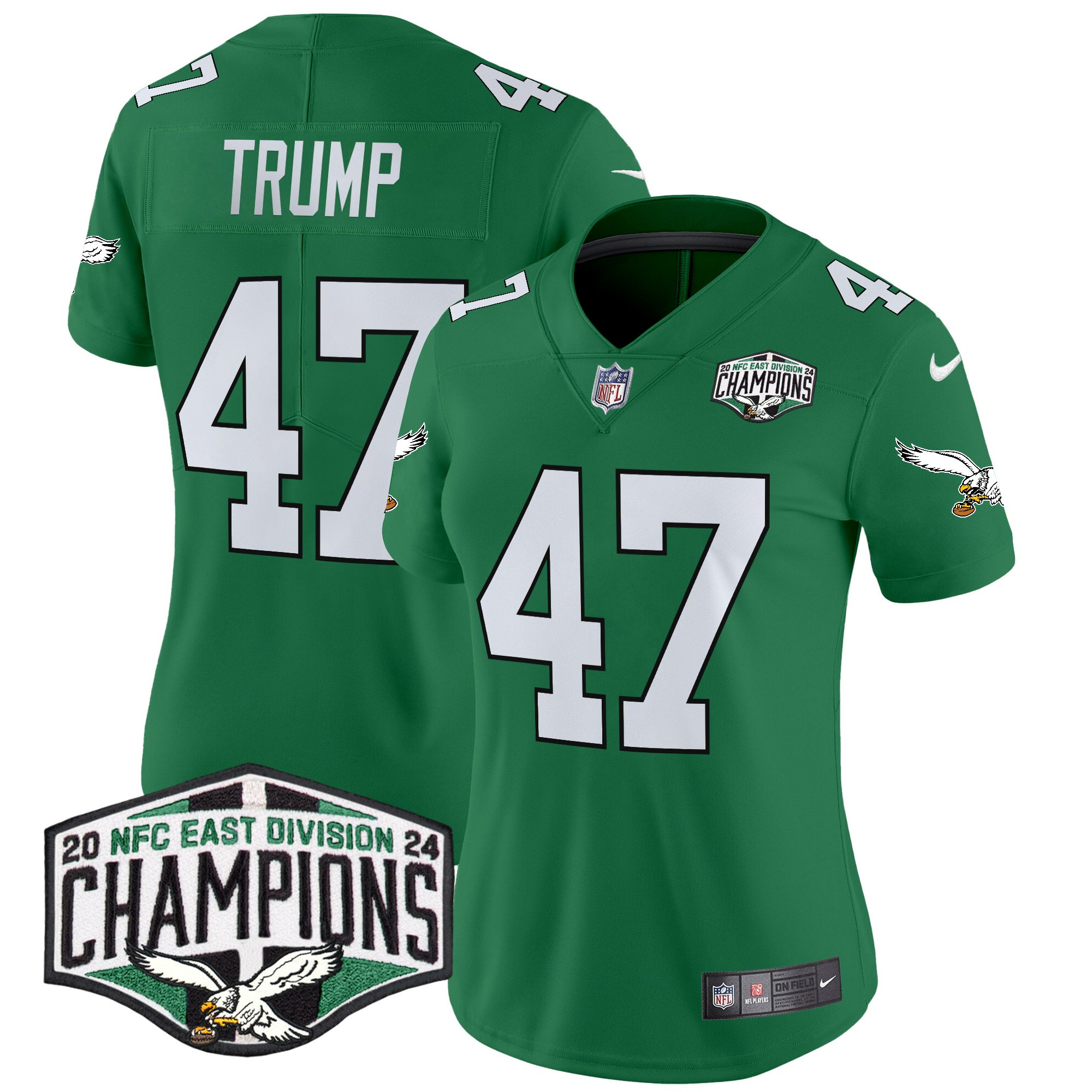 Donald Trump Women's Philadelphia Eagles Kelly Green 2024 NFC East Division Champions Vapor Limited Kelly Green Jersey - All Stitched