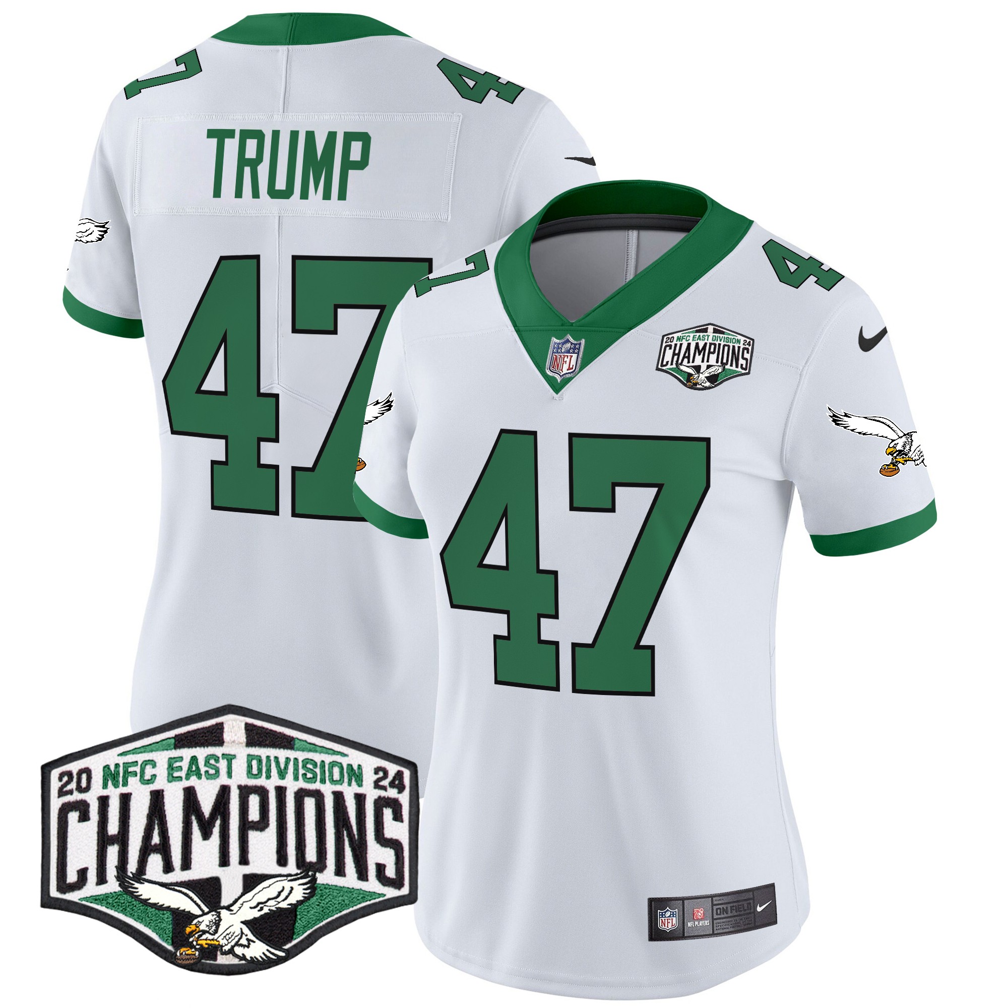 Donald Trump Women's Philadelphia Eagles Kelly Green 2024 NFC East Division Champions Vapor Limited Kelly White Jersey - All Stitched
