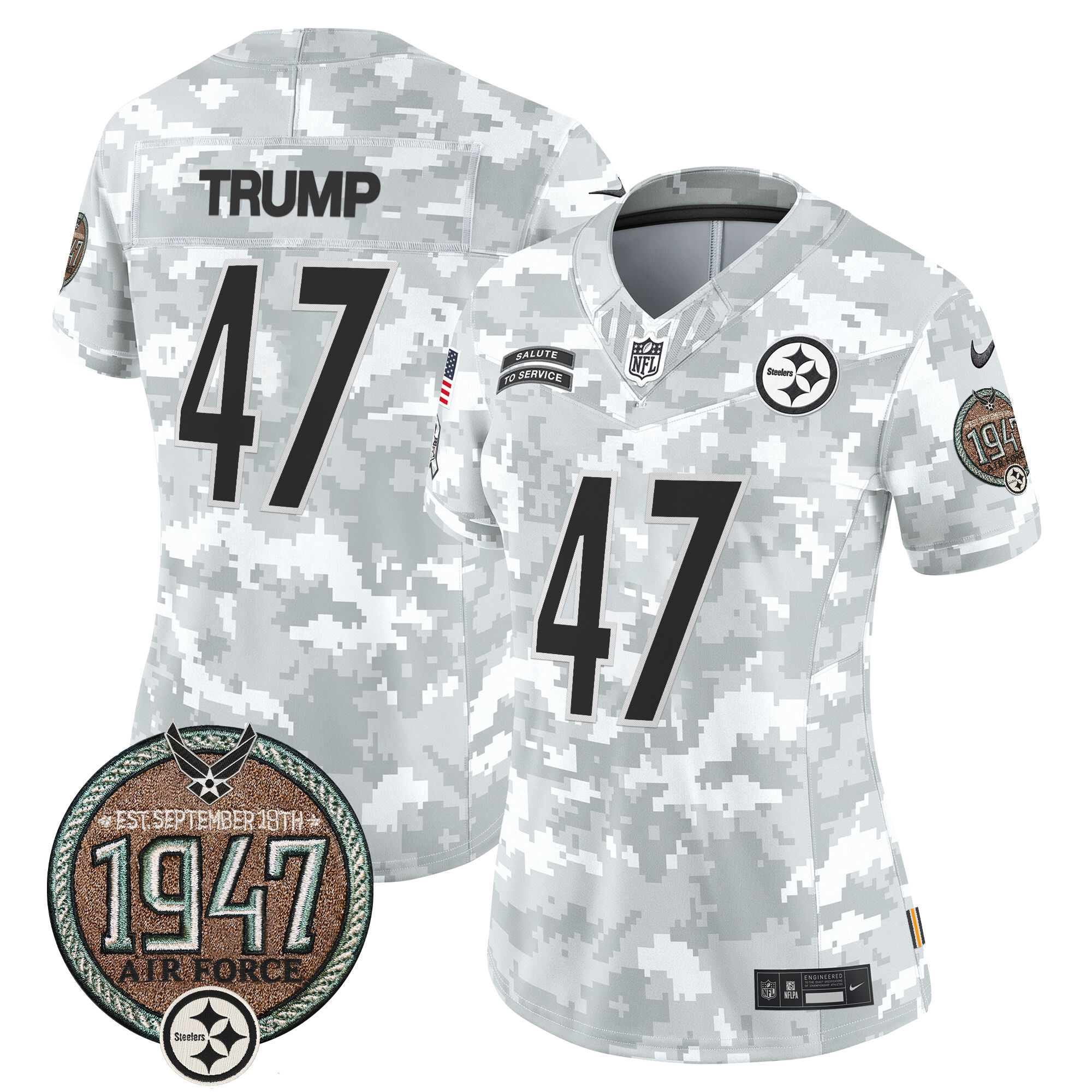 Donald Trump Women's Pittsburgh Steelers 2024 Salute to Service Establishment Year Patch Vapor Limited Air Force Jersey - All Stitched