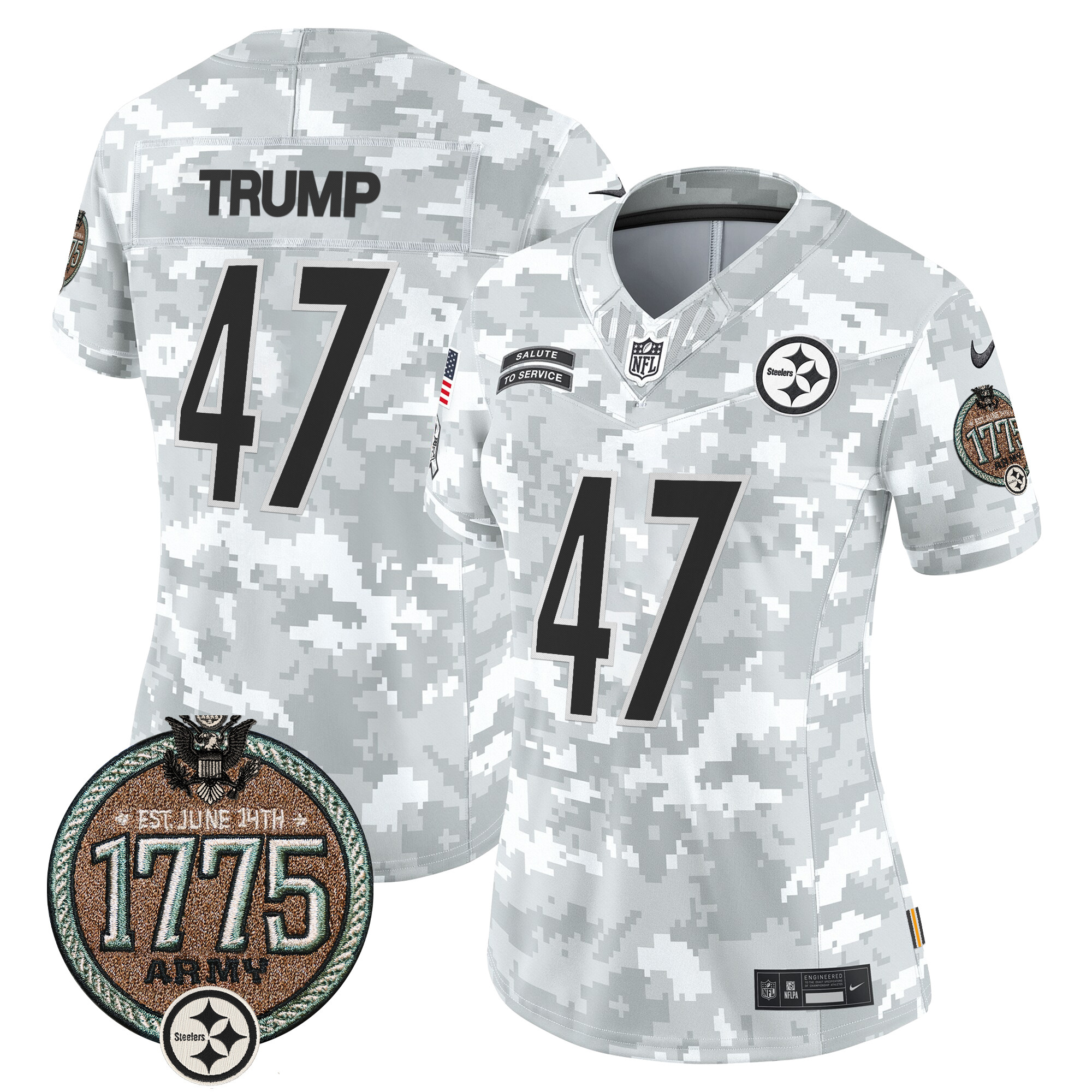 Donald Trump Women's Pittsburgh Steelers 2024 Salute to Service Establishment Year Patch Vapor Limited Army Jersey - All Stitched