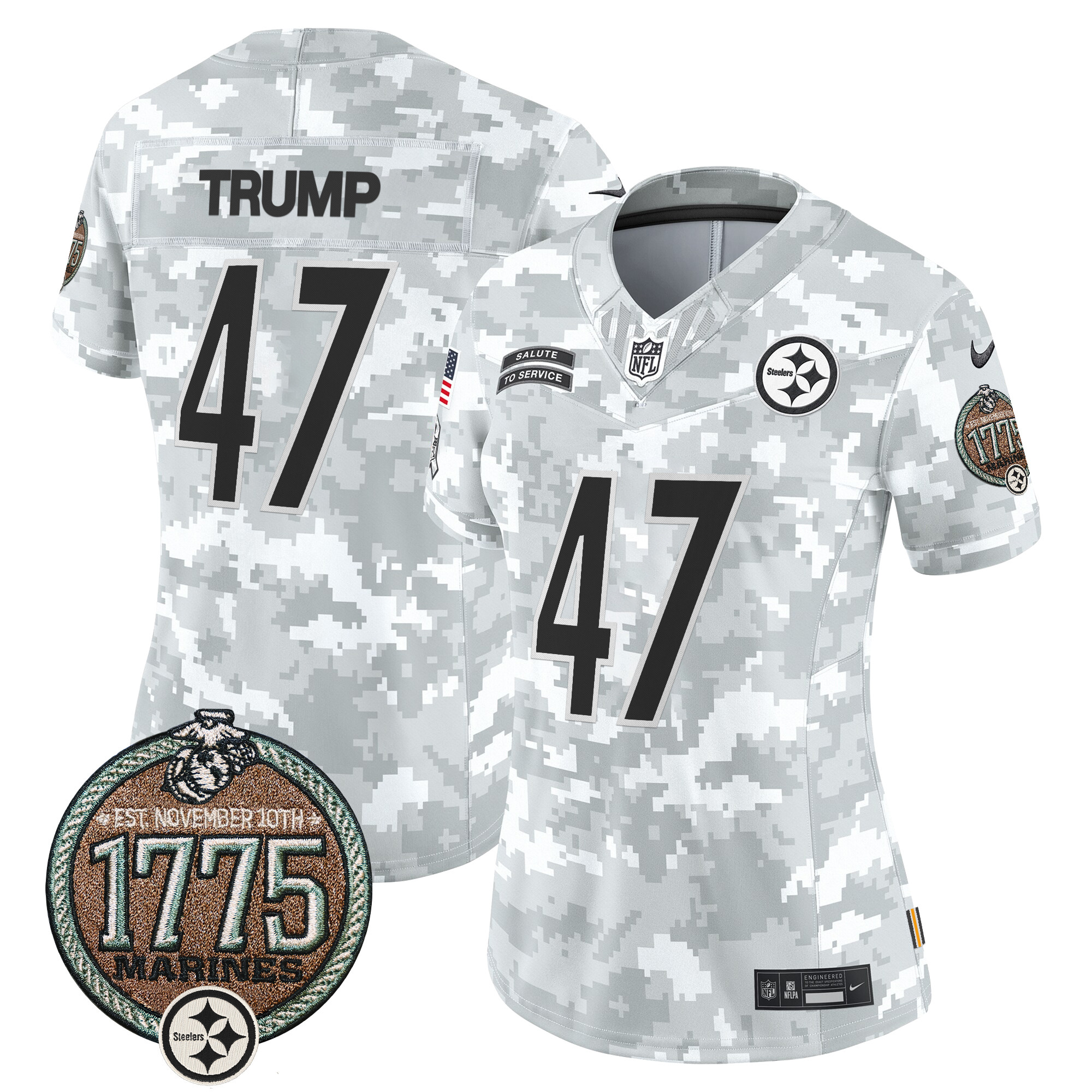 Donald Trump Women's Pittsburgh Steelers 2024 Salute to Service Establishment Year Patch Vapor Limited Marines Jersey - All Stitched