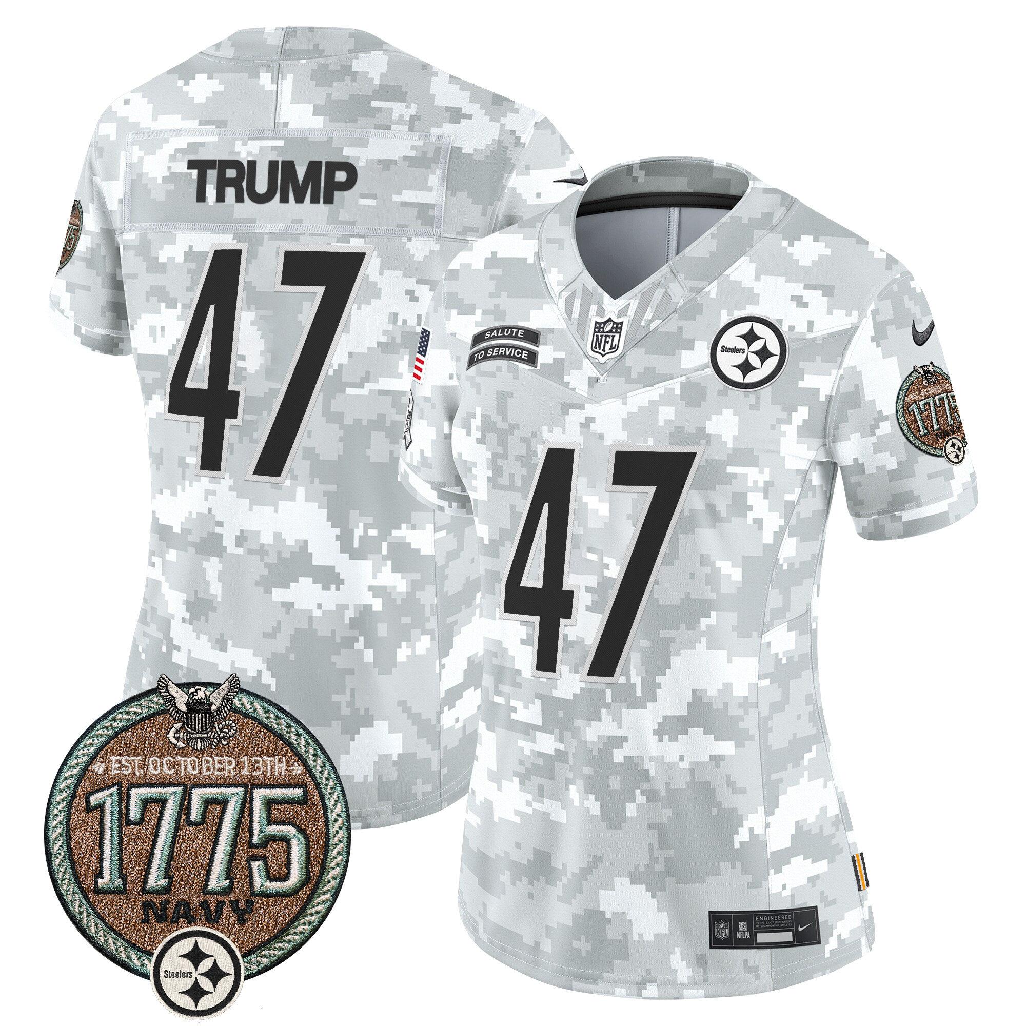 Donald Trump Women's Pittsburgh Steelers 2024 Salute to Service Establishment Year Patch Vapor Limited Navy Jersey - All Stitched