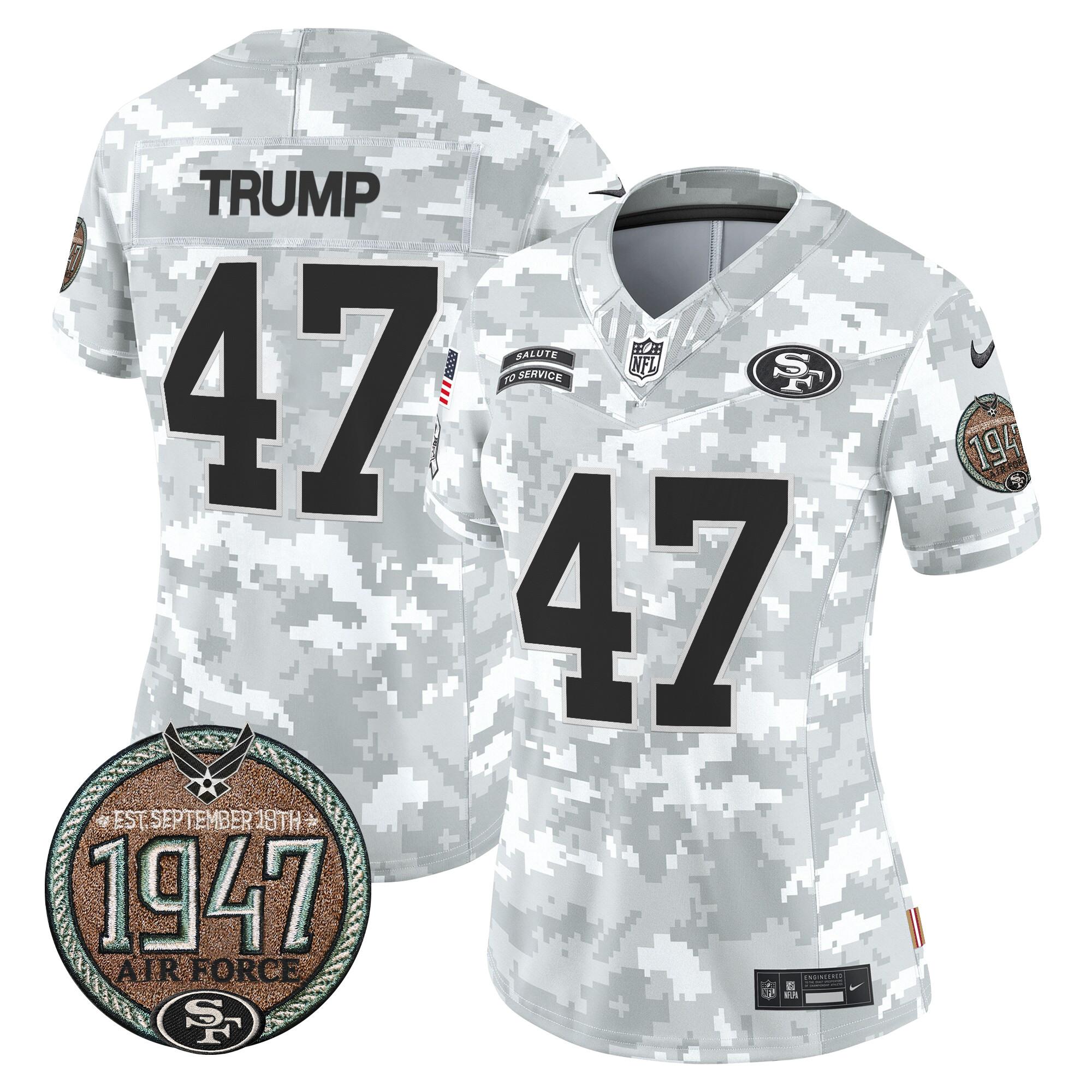 Donald Trump Women's San Francisco 49ers 2024 Salute to Service Establishment Year Patch Vapor Limited Air Force Jersey - All Stitched