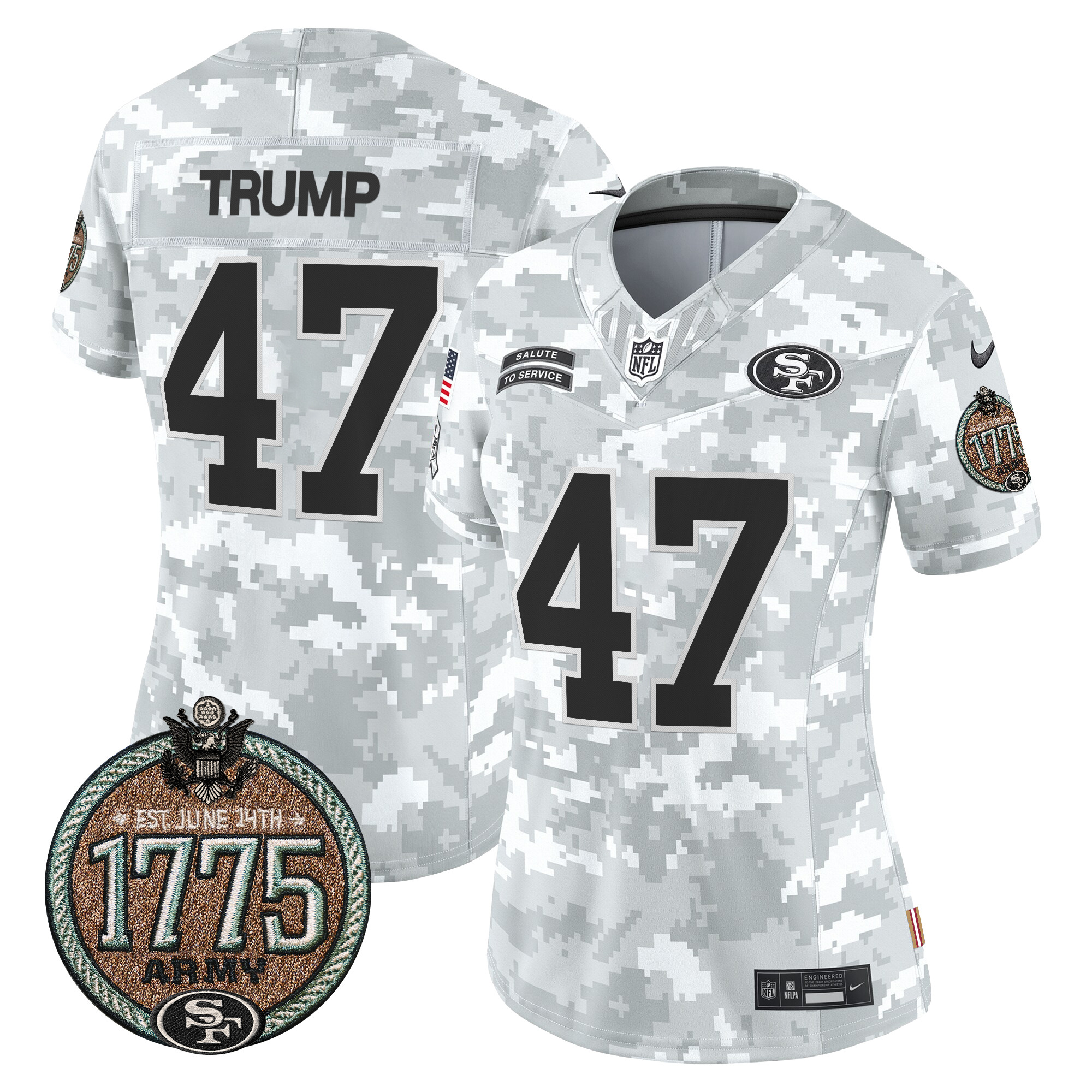 Donald Trump Women's San Francisco 49ers 2024 Salute to Service Establishment Year Patch Vapor Limited Army Jersey - All Stitched