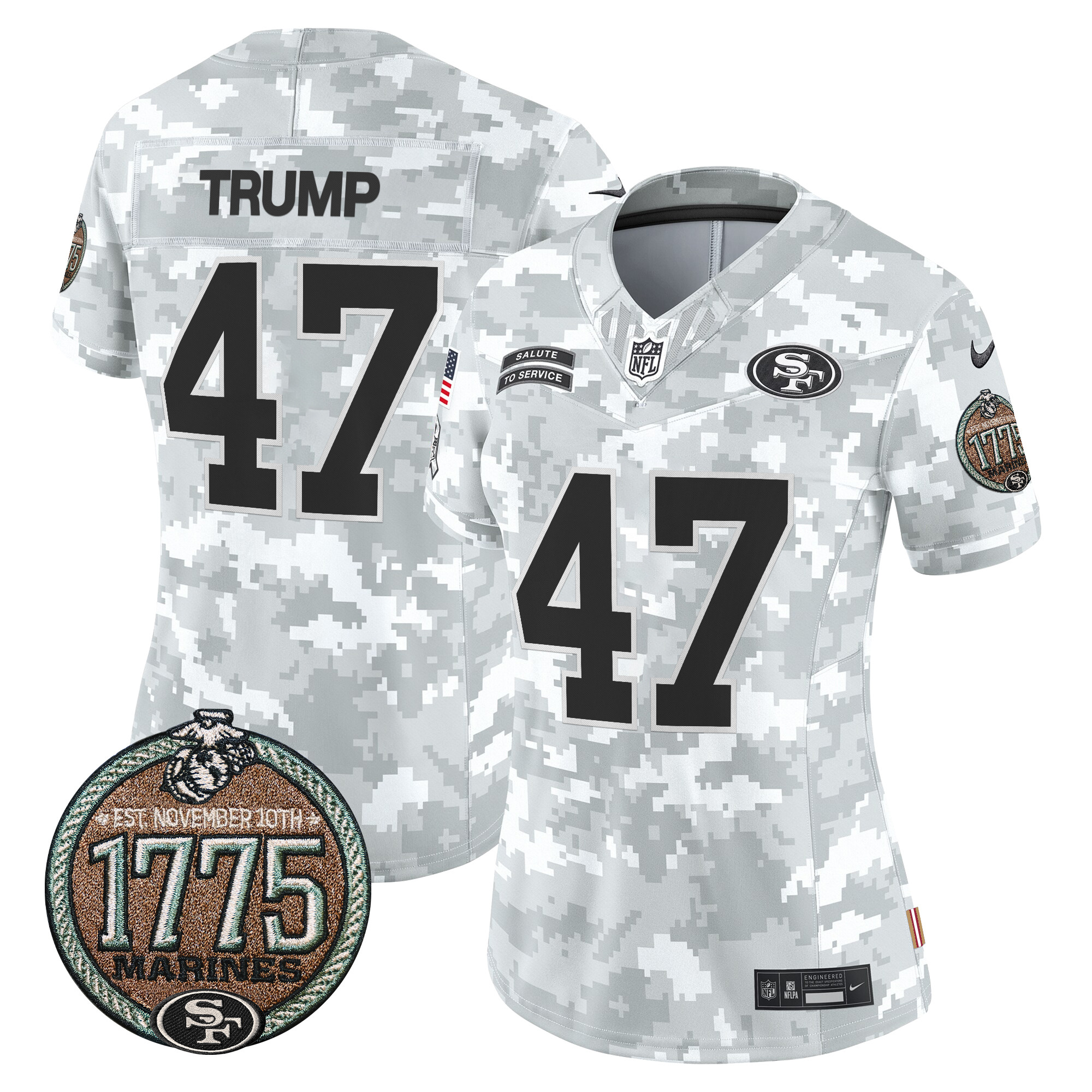Donald Trump Women's San Francisco 49ers 2024 Salute to Service Establishment Year Patch Vapor Limited Marines Jersey - All Stitched