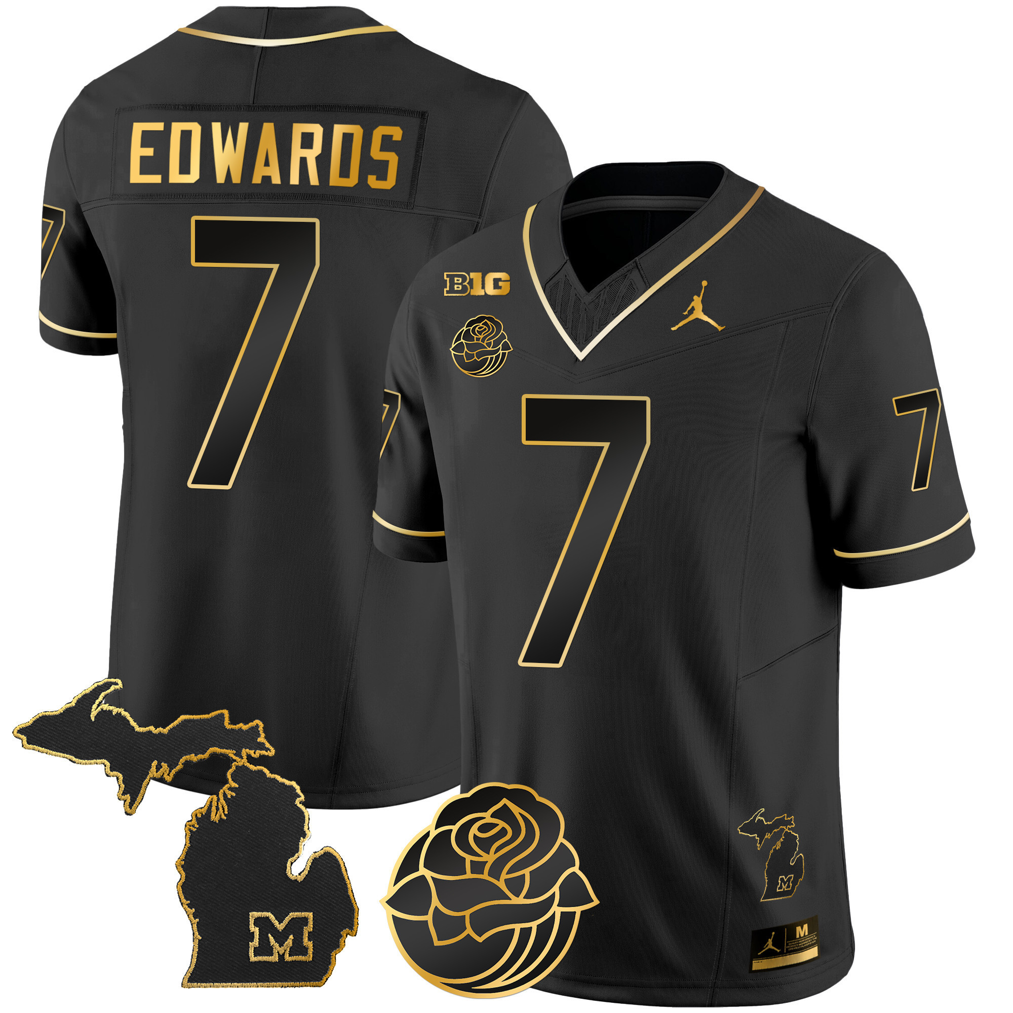 Donovan Edwards Men's Michigan Wolverines Rose Bowl Patch Gold Vapor Black Gold Jersey - All Stitched