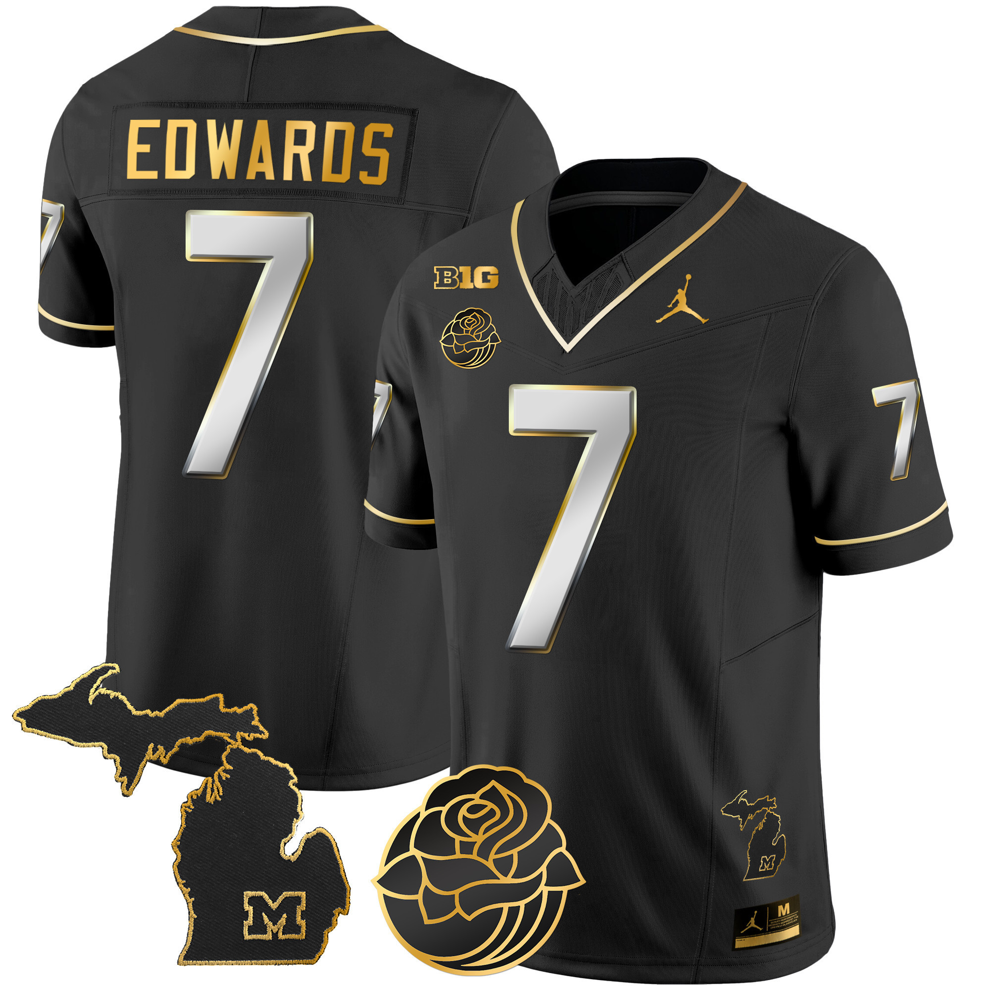 Donovan Edwards Men's Michigan Wolverines Rose Bowl Patch Gold Vapor Black Limited Jersey - All Stitched