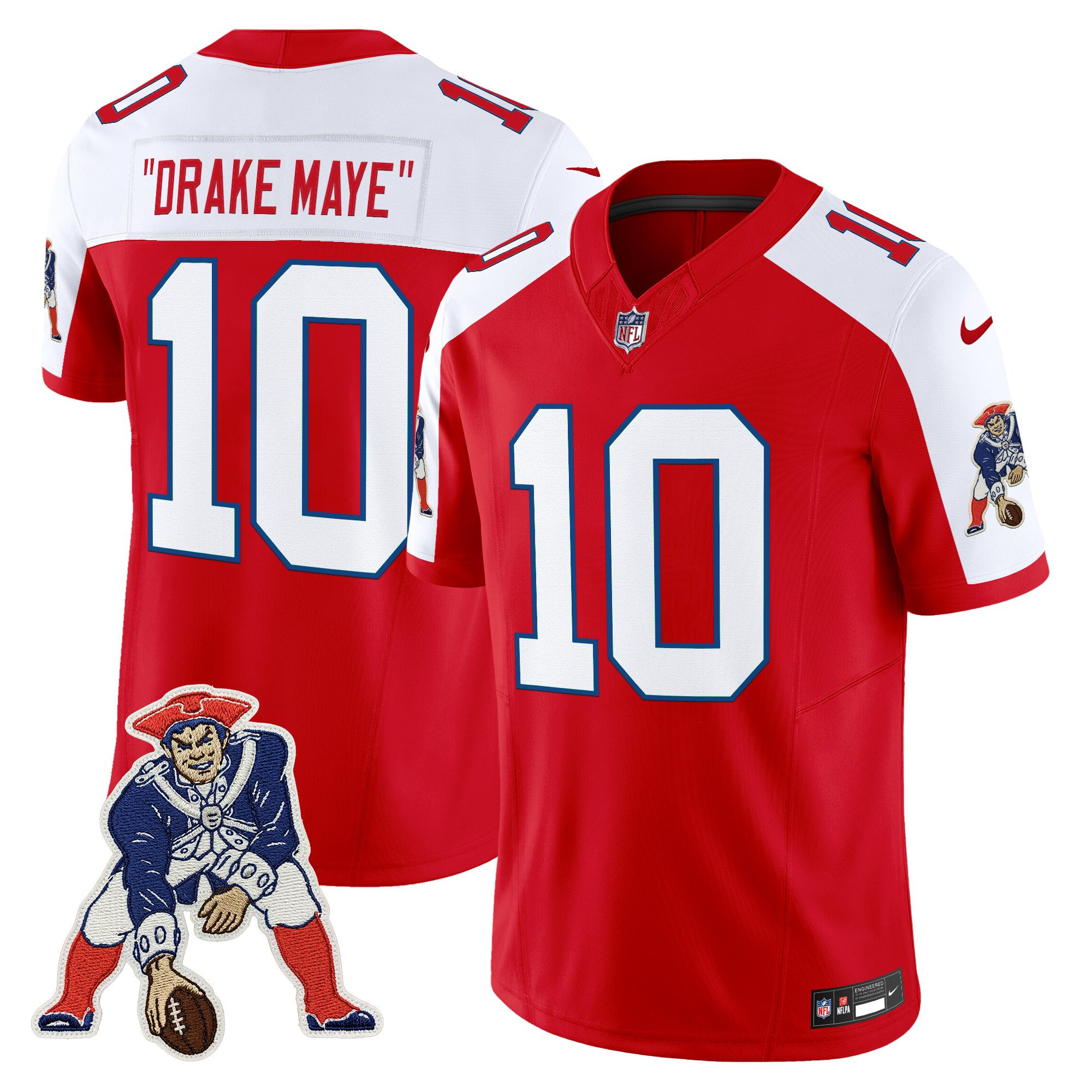 "Drake Maye" Men's New England Patriots Throwback Vapor Limited Red Alternate Jersey - All Stitched