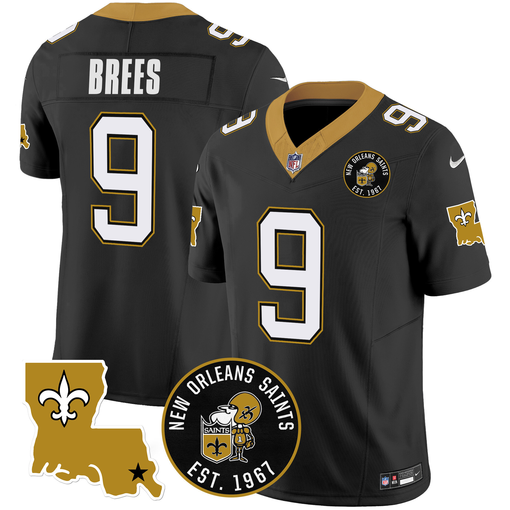 Drew Brees Men's New Orleans Saints EST. 1967 Patch Vapor Black Jersey - All Stitched