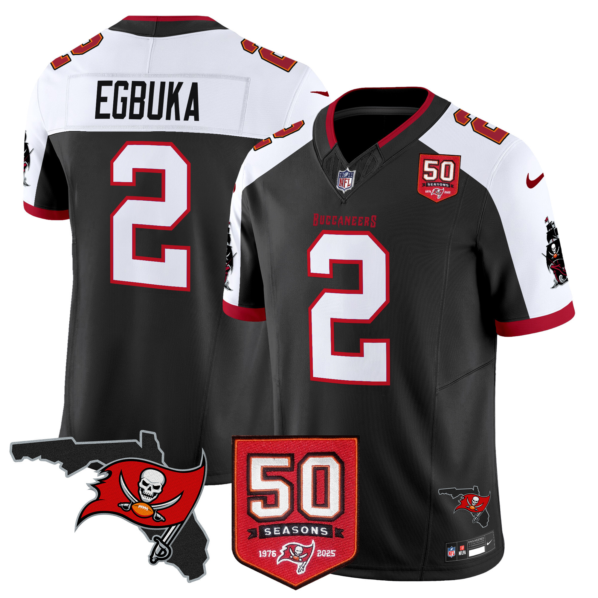 Emeka Egbuka Men's Tampa Bay Buccaneers 50th Season Patch Vapor Limited Black Alternate Jersey - All Stitched
