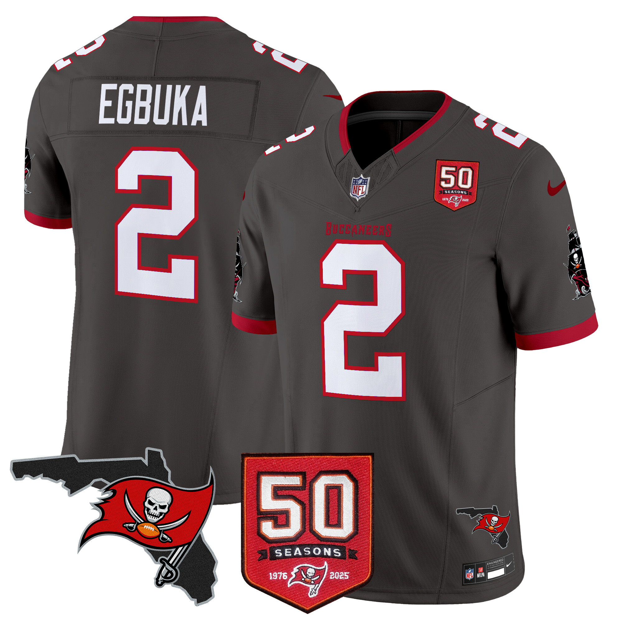 Emeka Egbuka Men's Tampa Bay Buccaneers 50th Season Patch Vapor Limited Pewter Jersey - All Stitched