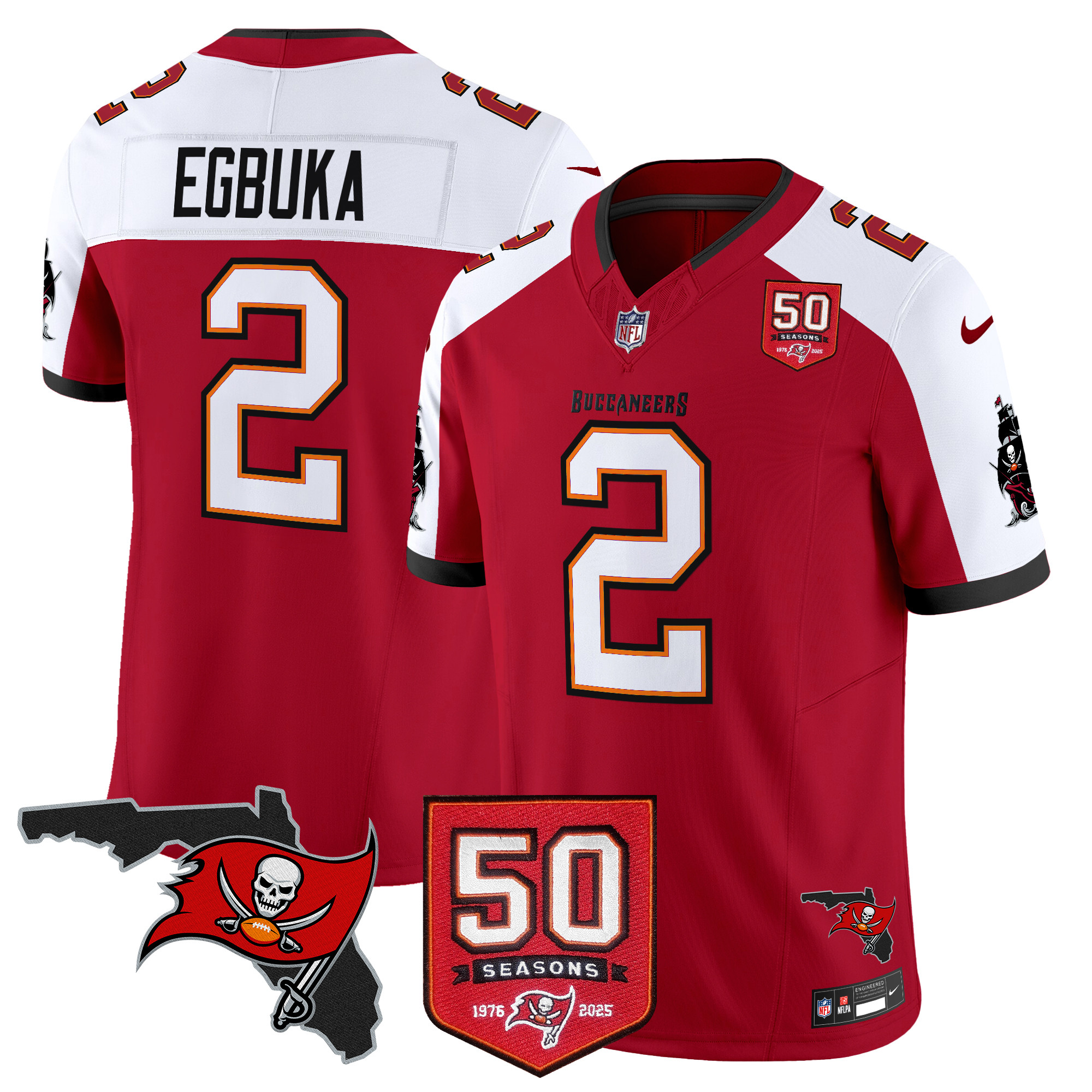 Emeka Egbuka Men's Tampa Bay Buccaneers 50th Season Patch Vapor Limited Red Alternate Jersey - All Stitched